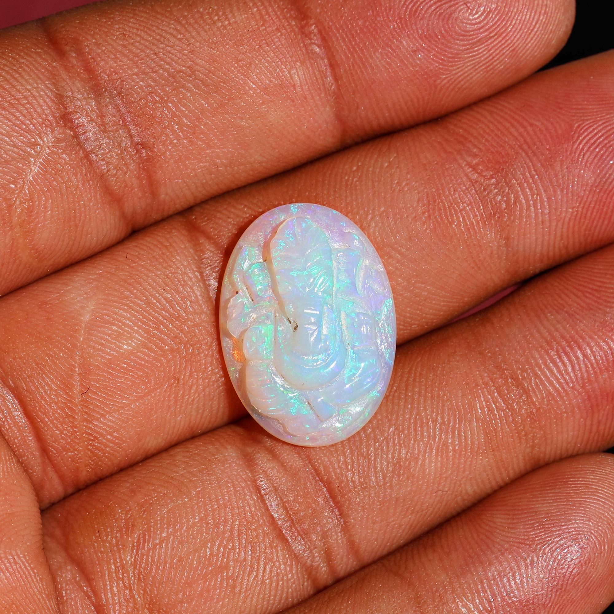 White Opal Ganesha Carving: 8.40 Carat Hindu God Statue