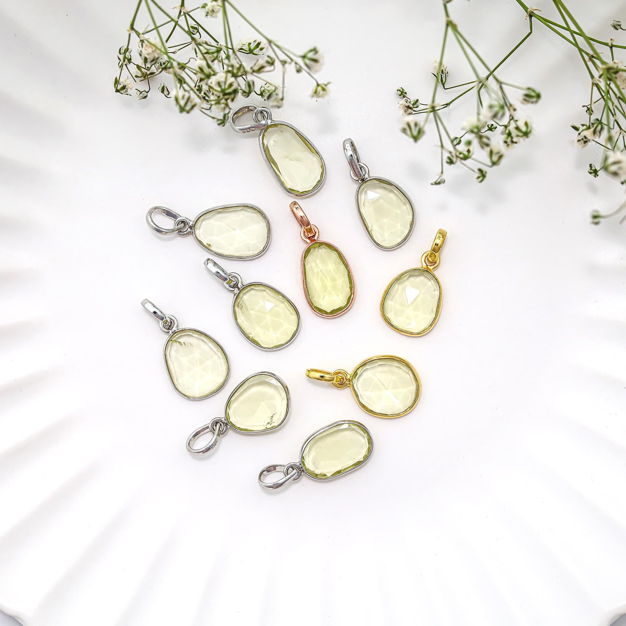 Lemon Quartz Pendant: Rose Cut 925 Sterling Silver Vintage Necklace Jewelry