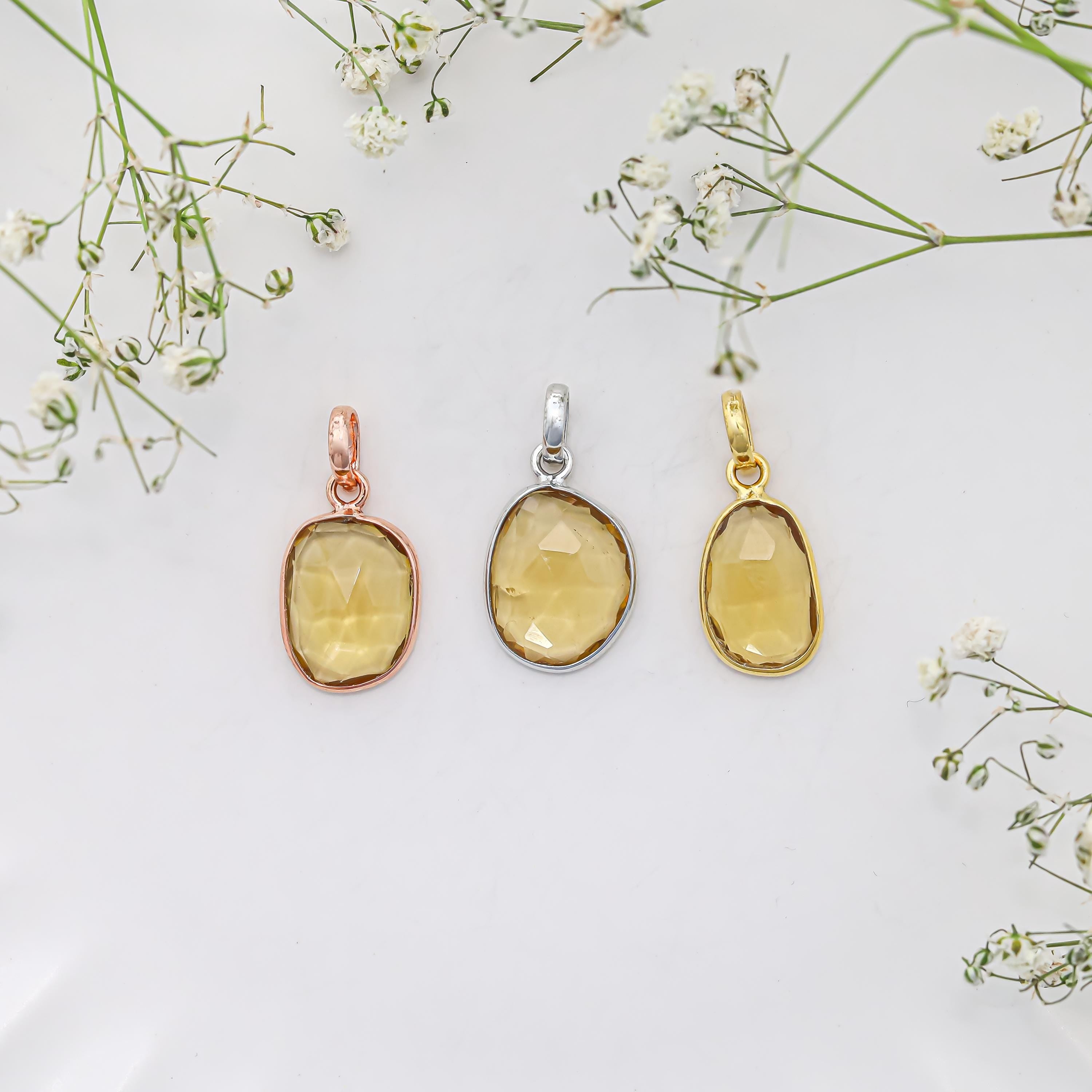 Handmade Whiskey Quartz Pendant: 925 Sterling Silver, Yellow Gemstone