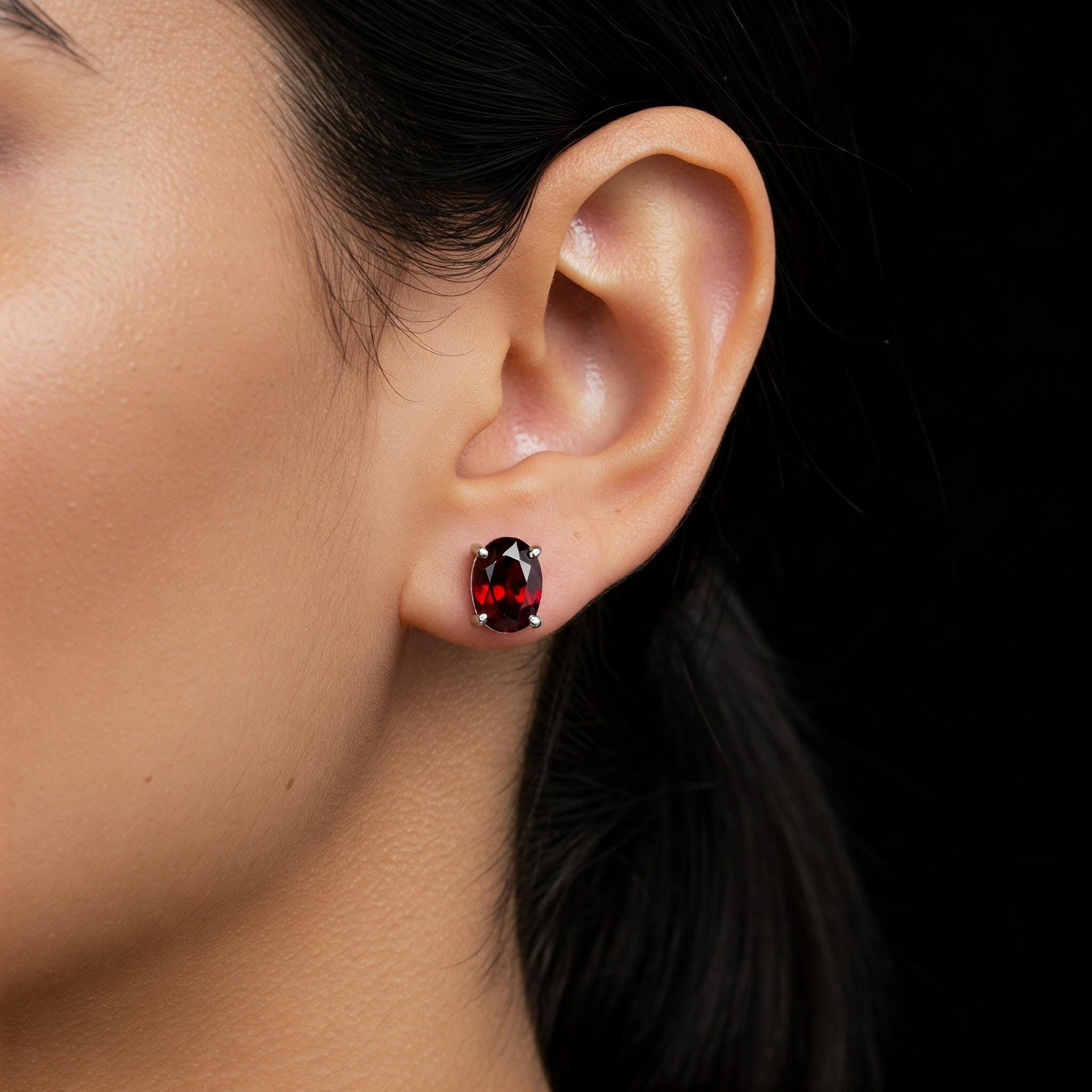 Garnet Stud Earrings: 925 Sterling Silver, January Birthstone Silver Jewelry