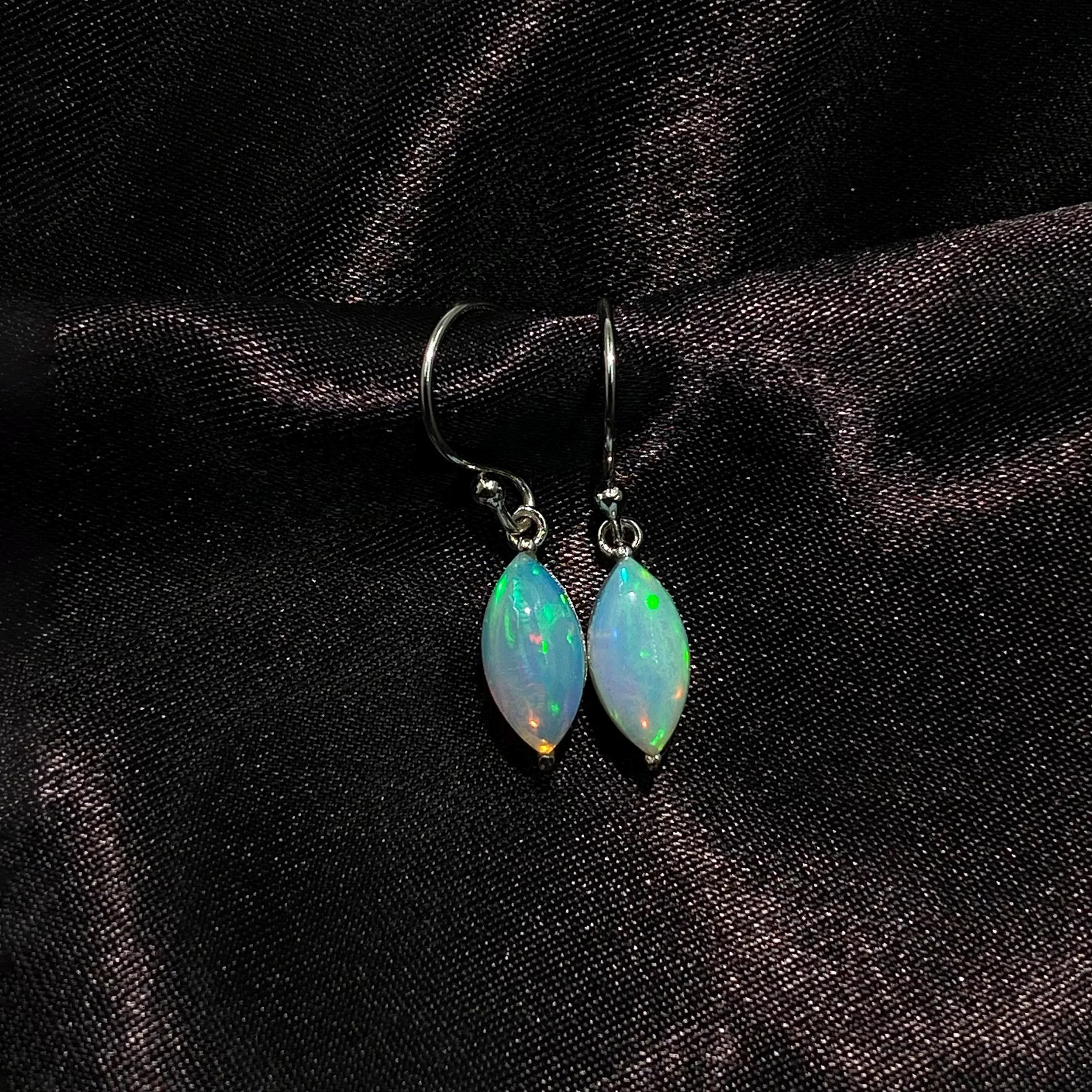 Ethiopian Opal Sterling Silver Earrings: Welo Fire Opal Art Deco Marquise Cabochon