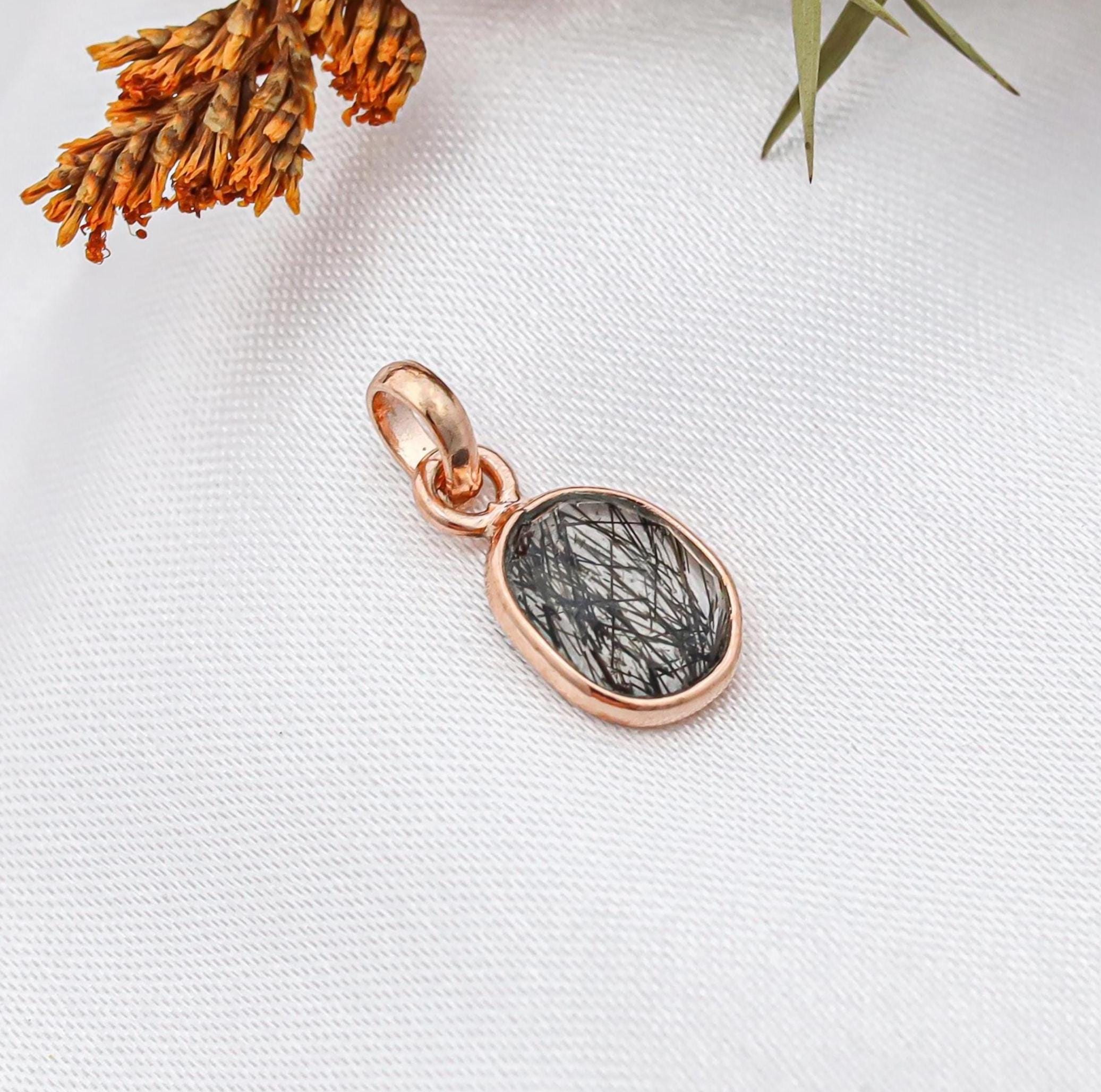 Black Rutile Rose Cut Pendant: Sterling Silver Gemstone Necklace