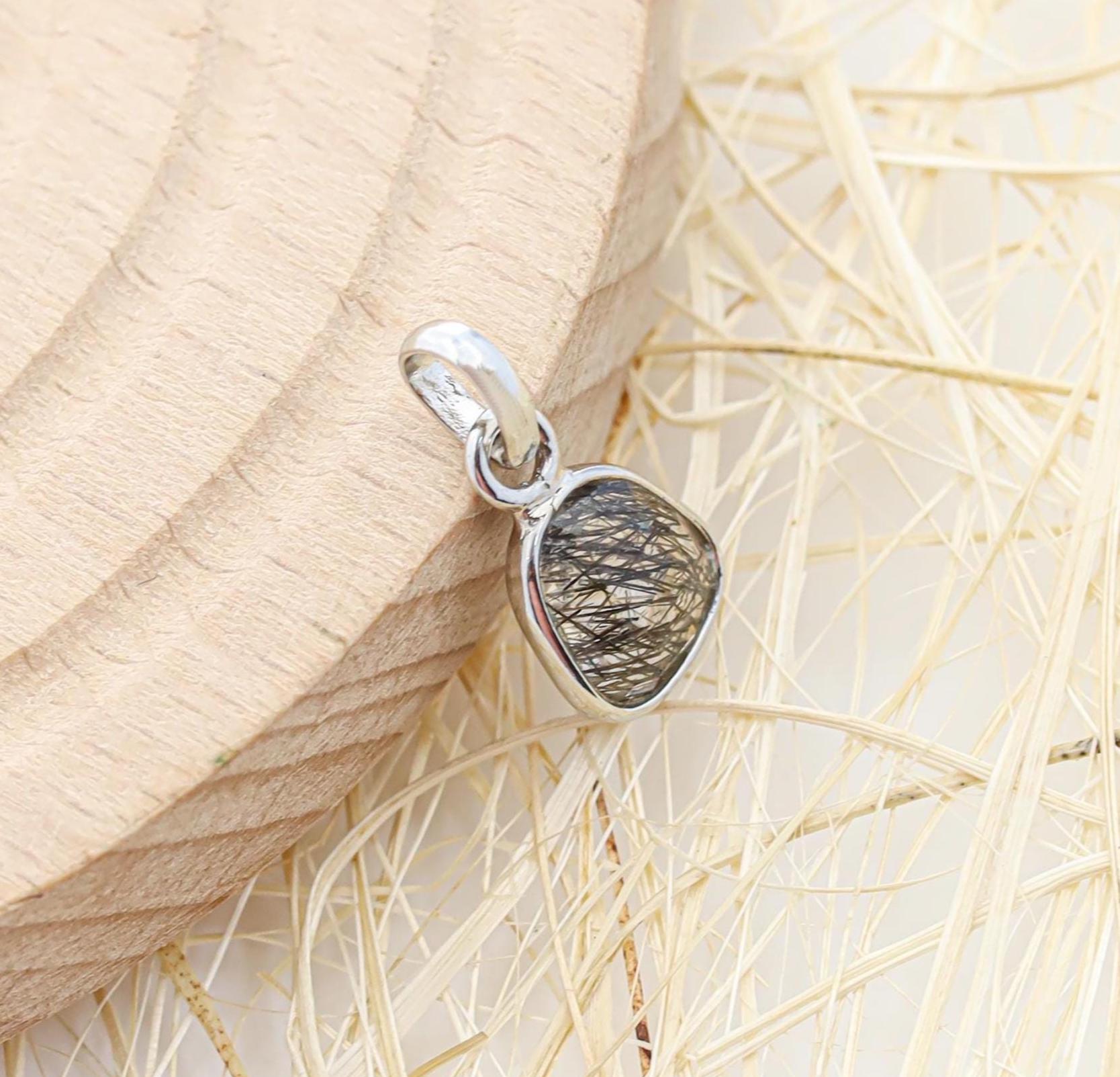 Black Rutile Rose Cut Pendant: Sterling Silver Gemstone Necklace