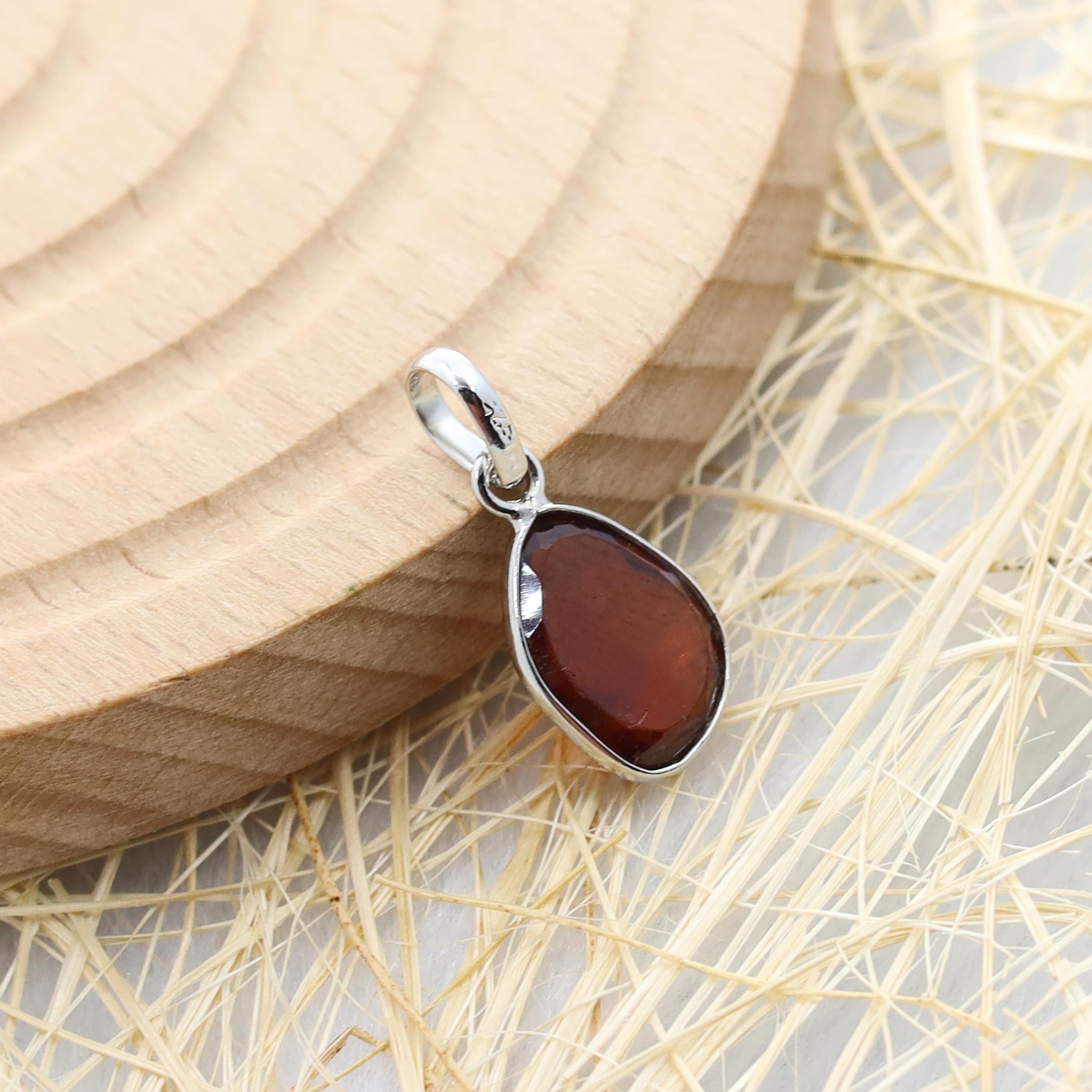 Handcrafted Hessonite Pendant: Natural Gemstone, Sterling Silver