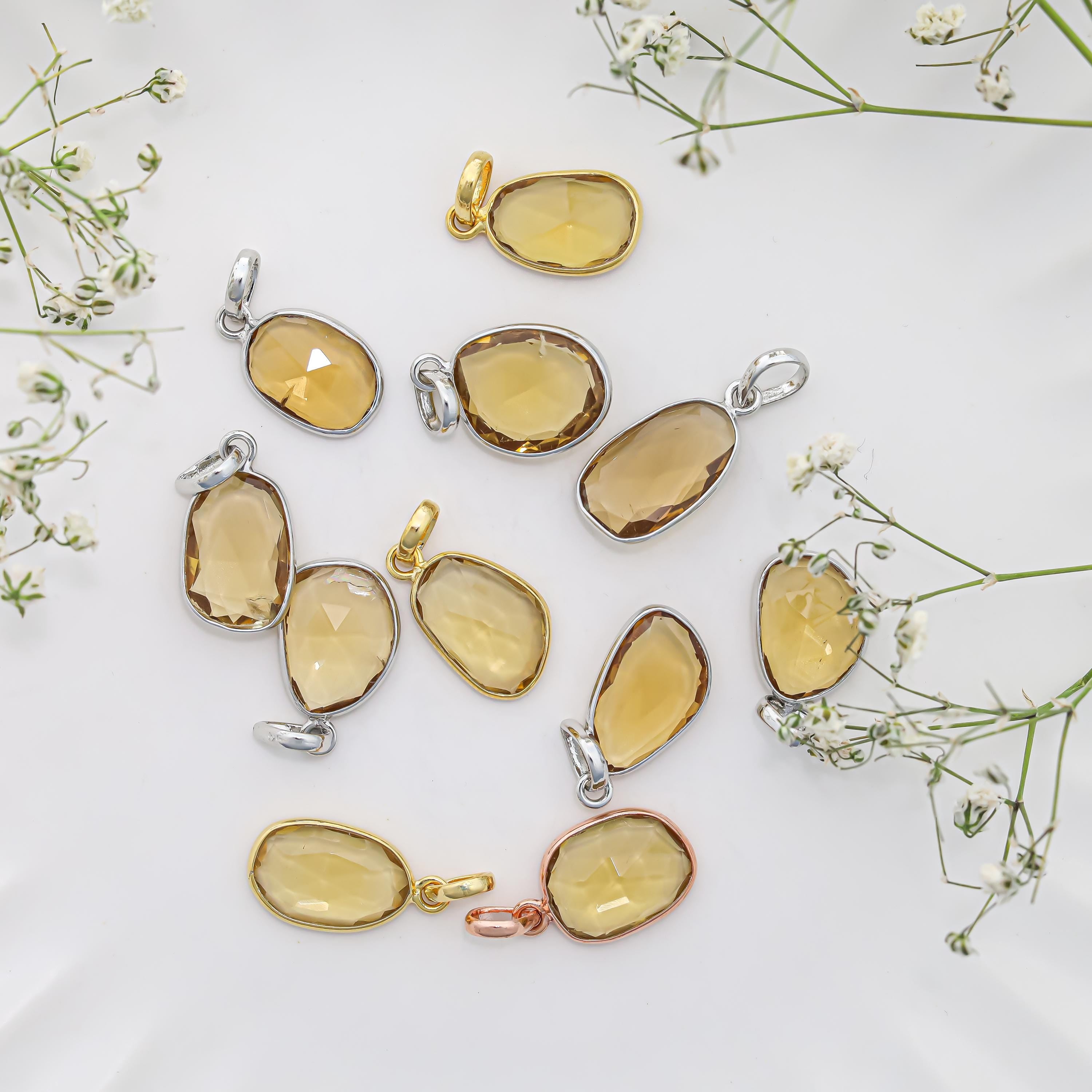 Handmade Whiskey Quartz Pendant: 925 Sterling Silver, Yellow Gemstone