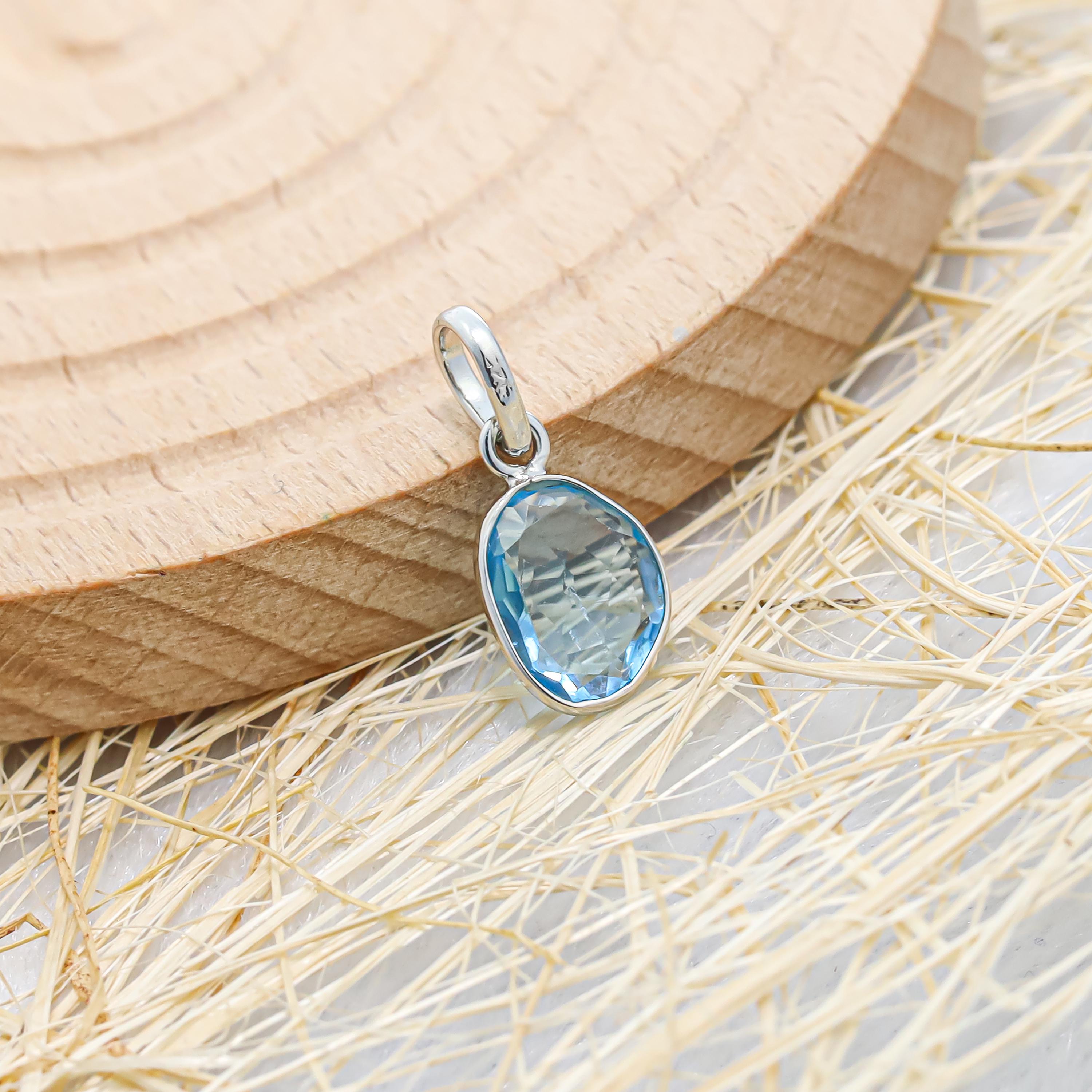 Rose Cut Swiss Blue Topaz Pendant: Sterling Silver December Birthstone