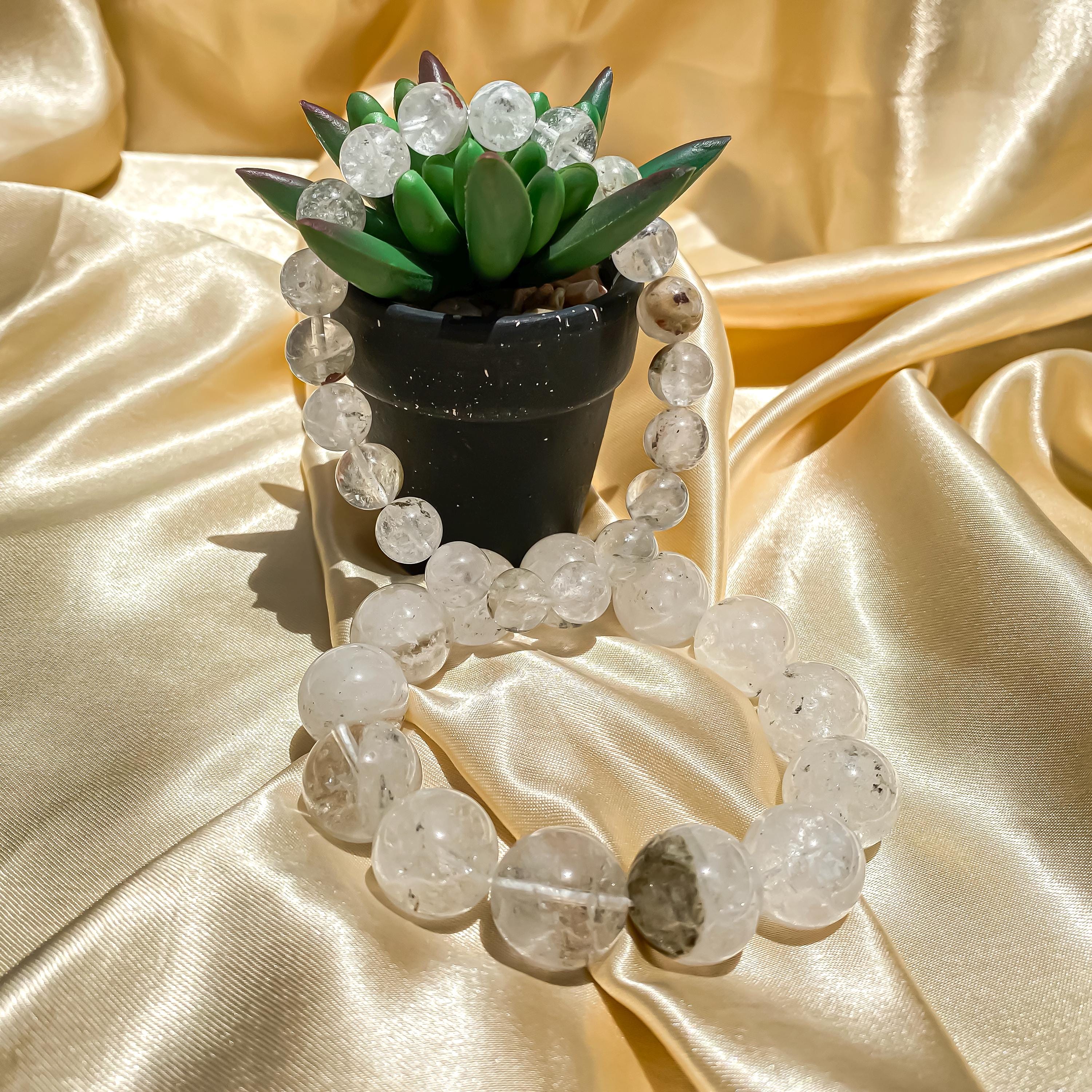 Himalayan White Quartz Bracelet: Rainbow Inclusions, Healing Crystal Jewelry