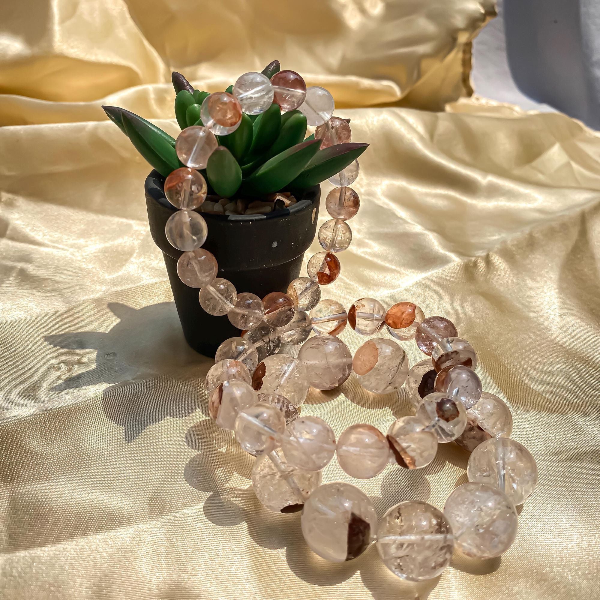 Himalya Quartz Himalayan Pink Quartz Crystal Bracelet with natural pink gemstone beads on stretch jewelry band