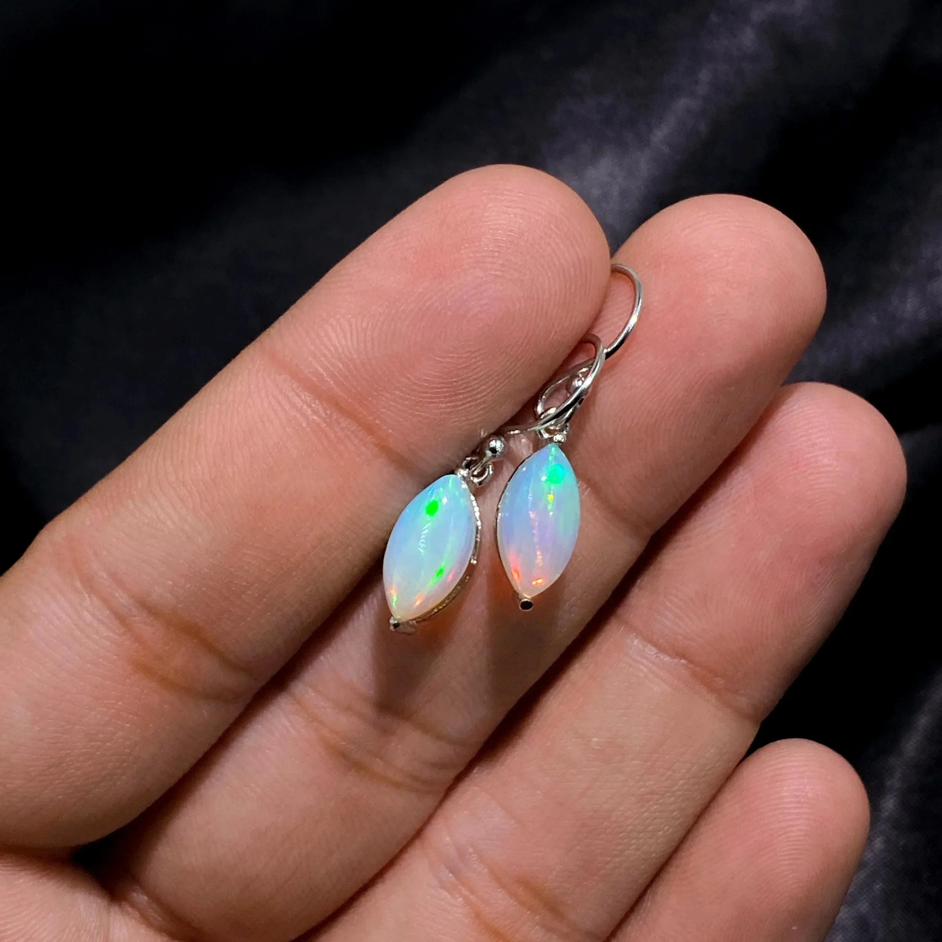 Ethiopian Opal Sterling Silver Earrings: Welo Fire Opal Art Deco Marquise Cabochon