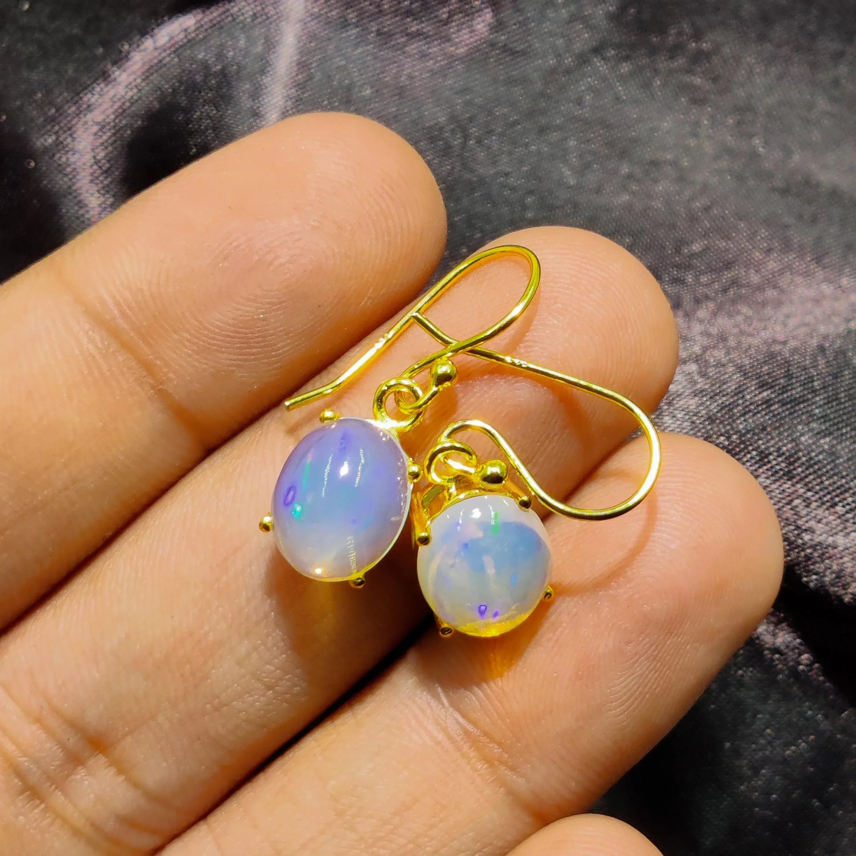 Ethiopian Fire Opal Sterling Silver Earrings: Natural Opal Cabochon Jewelry