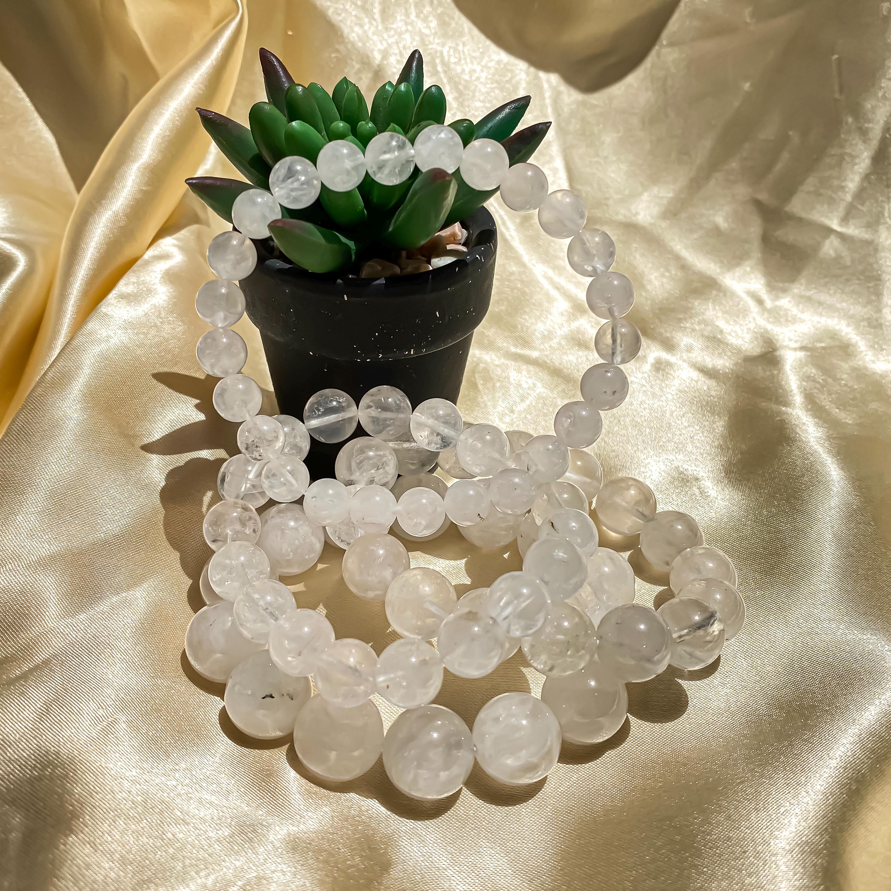 White Quartz Healing Bracelet: Samadhi Crystal, Rainbow Inclusions