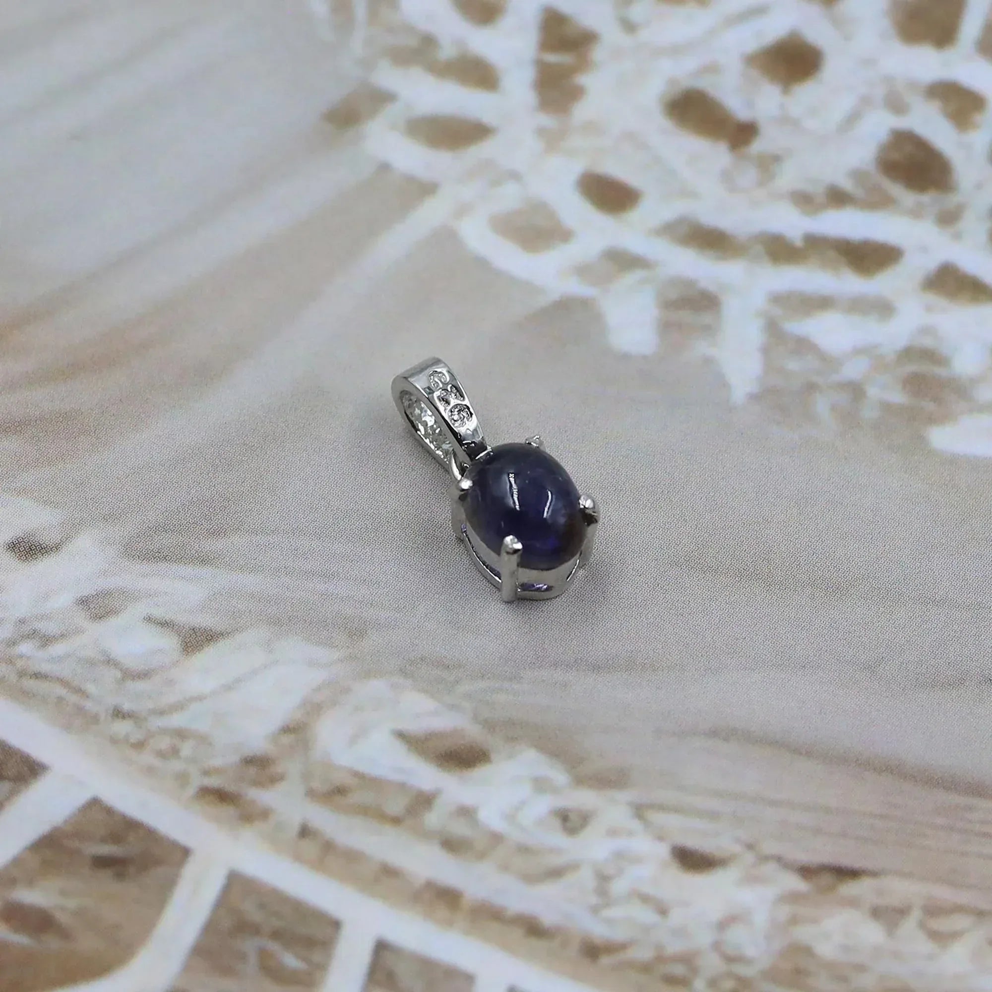 Handmade Iolite Pendant Necklace: 925 Silver Cabochon Jewelry