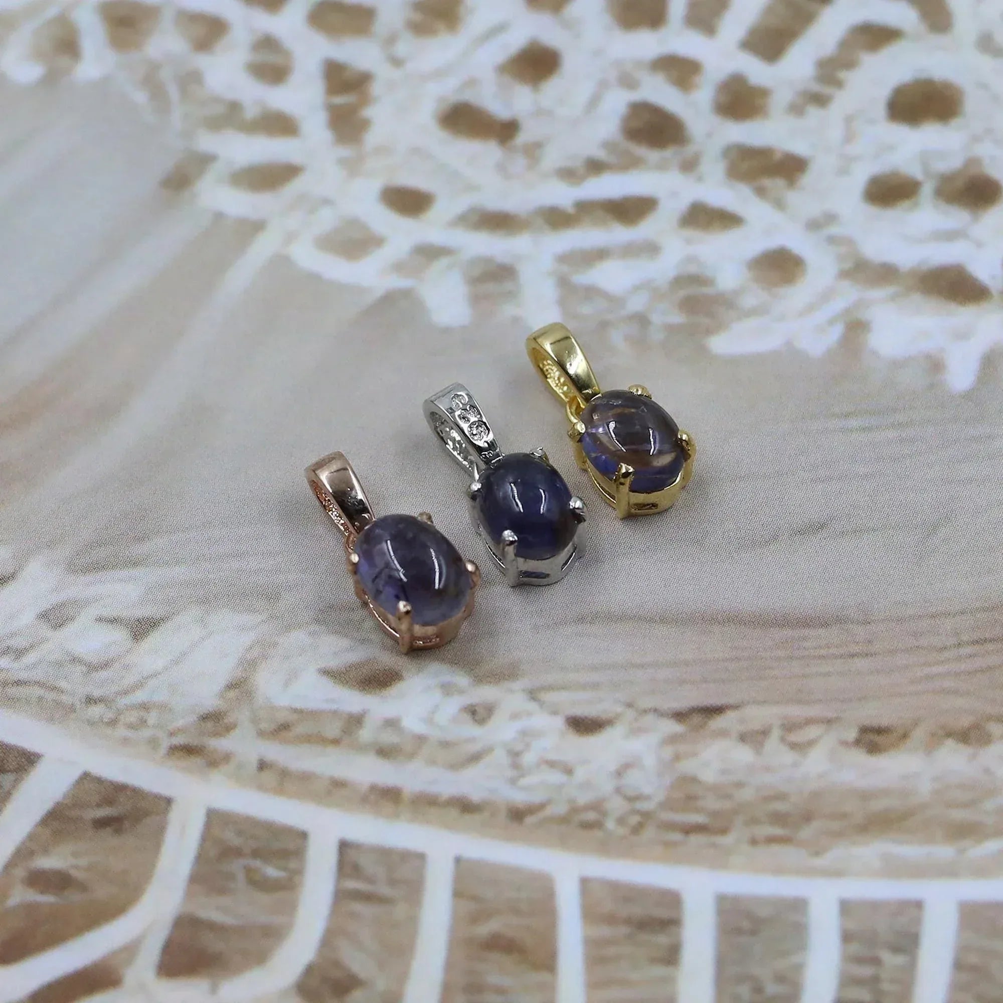 Handmade Iolite Pendant Necklace: 925 Silver Cabochon Jewelry