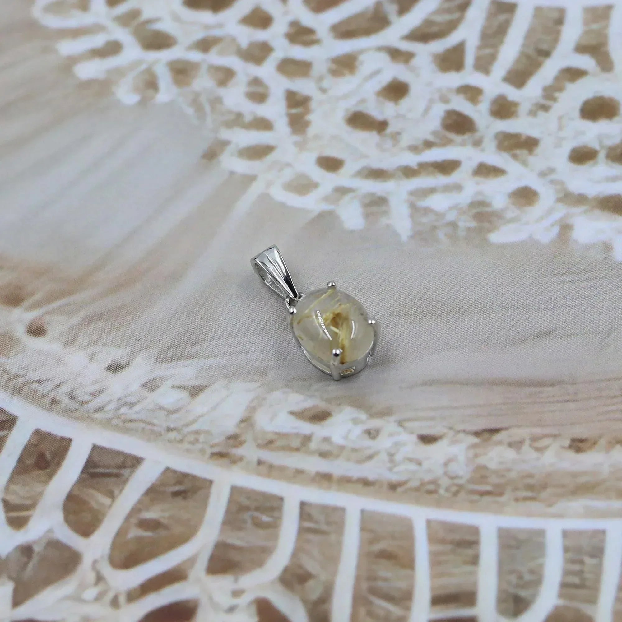 Golden Rutile Quartz Silver Pendant: Oval Gemstone Necklace