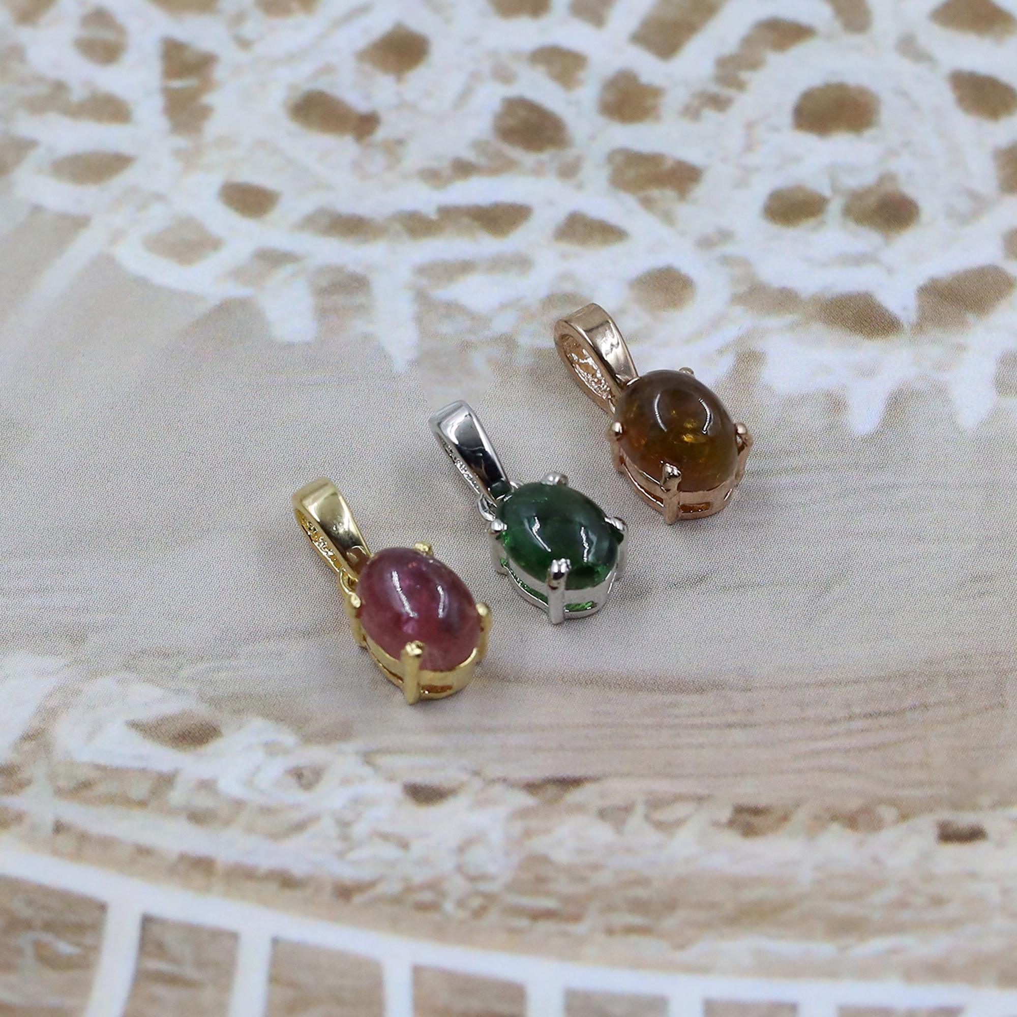 925 Silver Cabochon Tourmaline Pendant: Natural Gemstone Necklace
