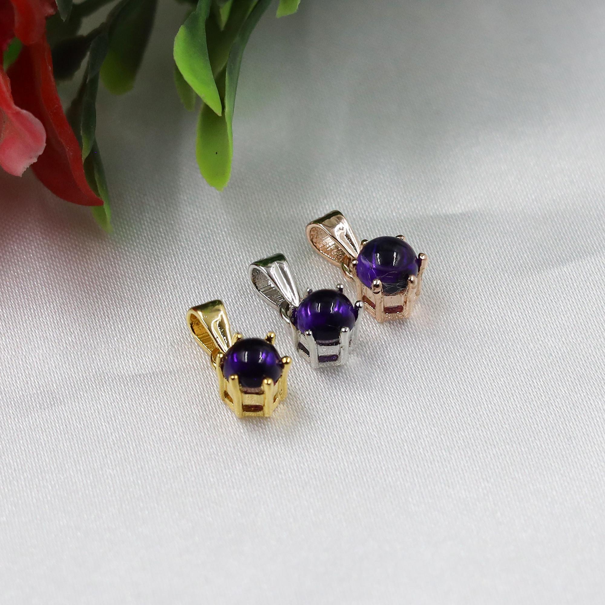 Natural Amethyst 925 Sterling Silver Round Cabochon Pendant