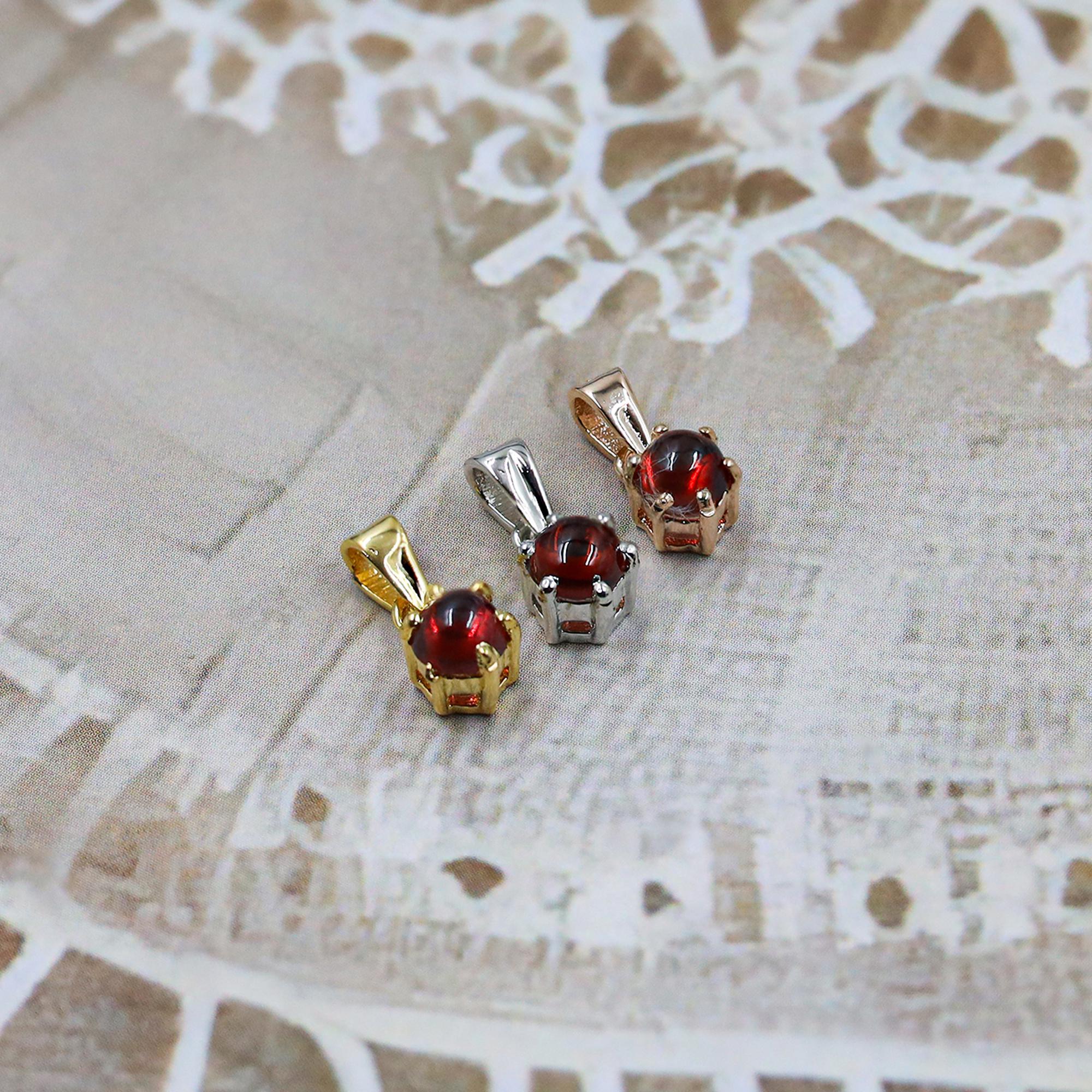 Red Garnet Pendant: Round Cabochon, 925 Sterling Silver, Handmade