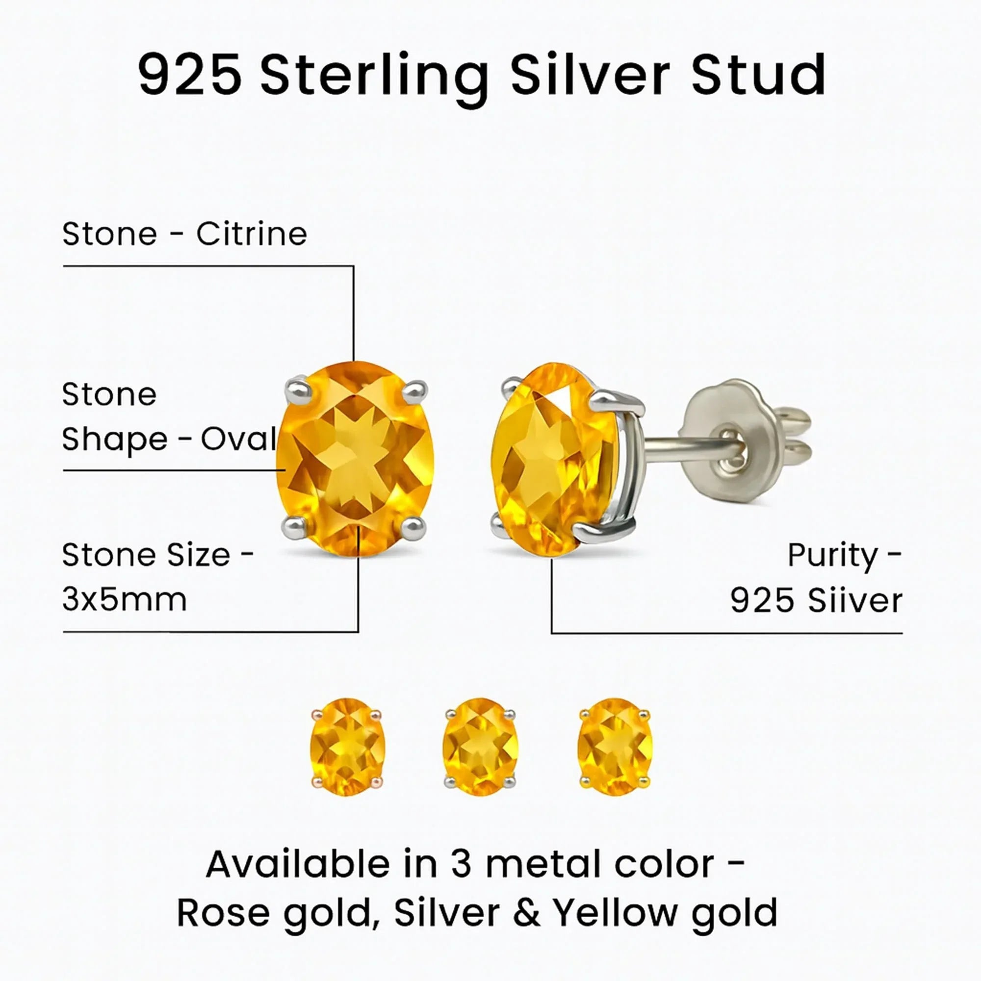 Dainty Citrine Stud Earrings: 925 Sterling Silver, November Birthstone Jewelry - Himalya Quartz