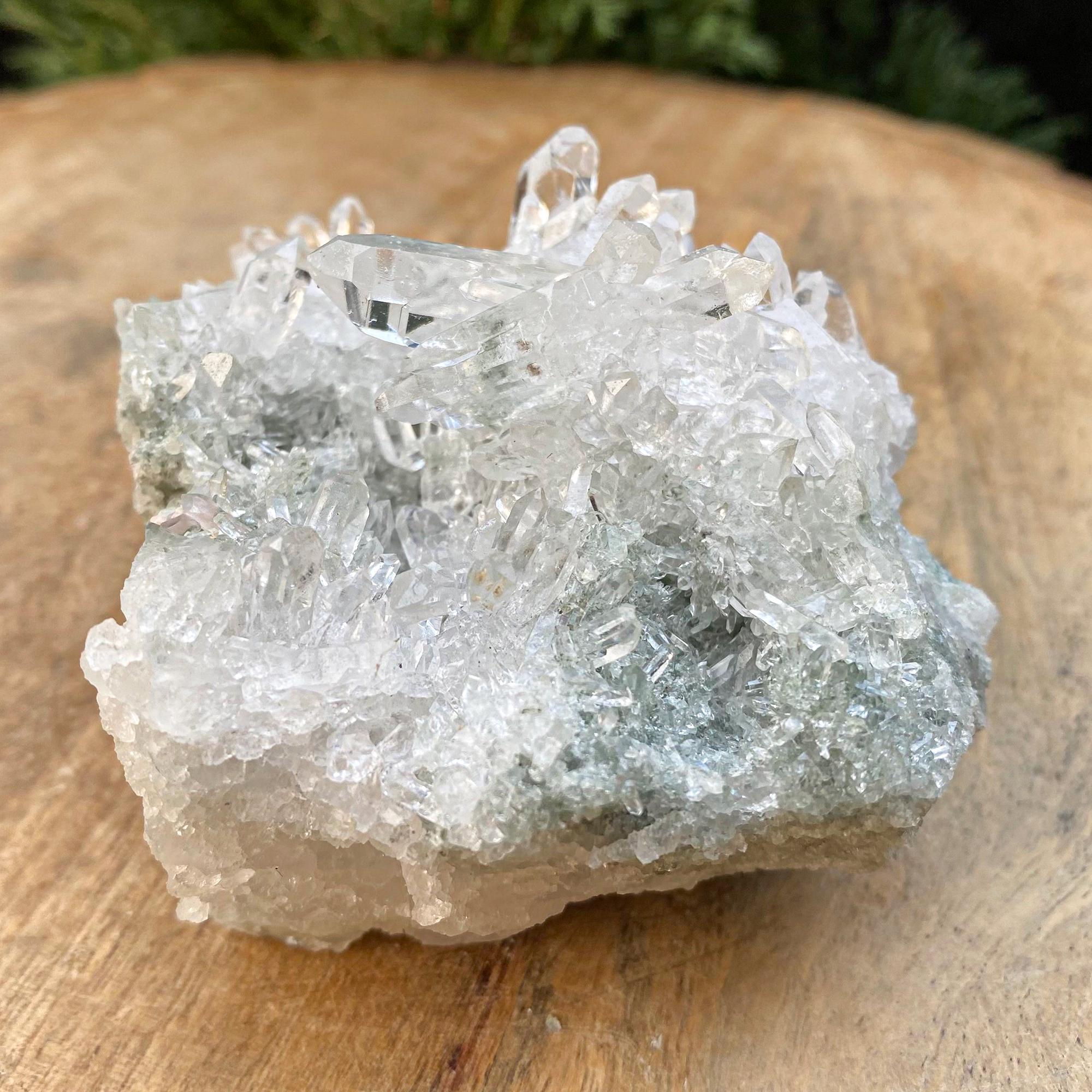 Green Chlorite Quartz Crystal Cluster: Raw Himalayan Healing Mineral, 335gm