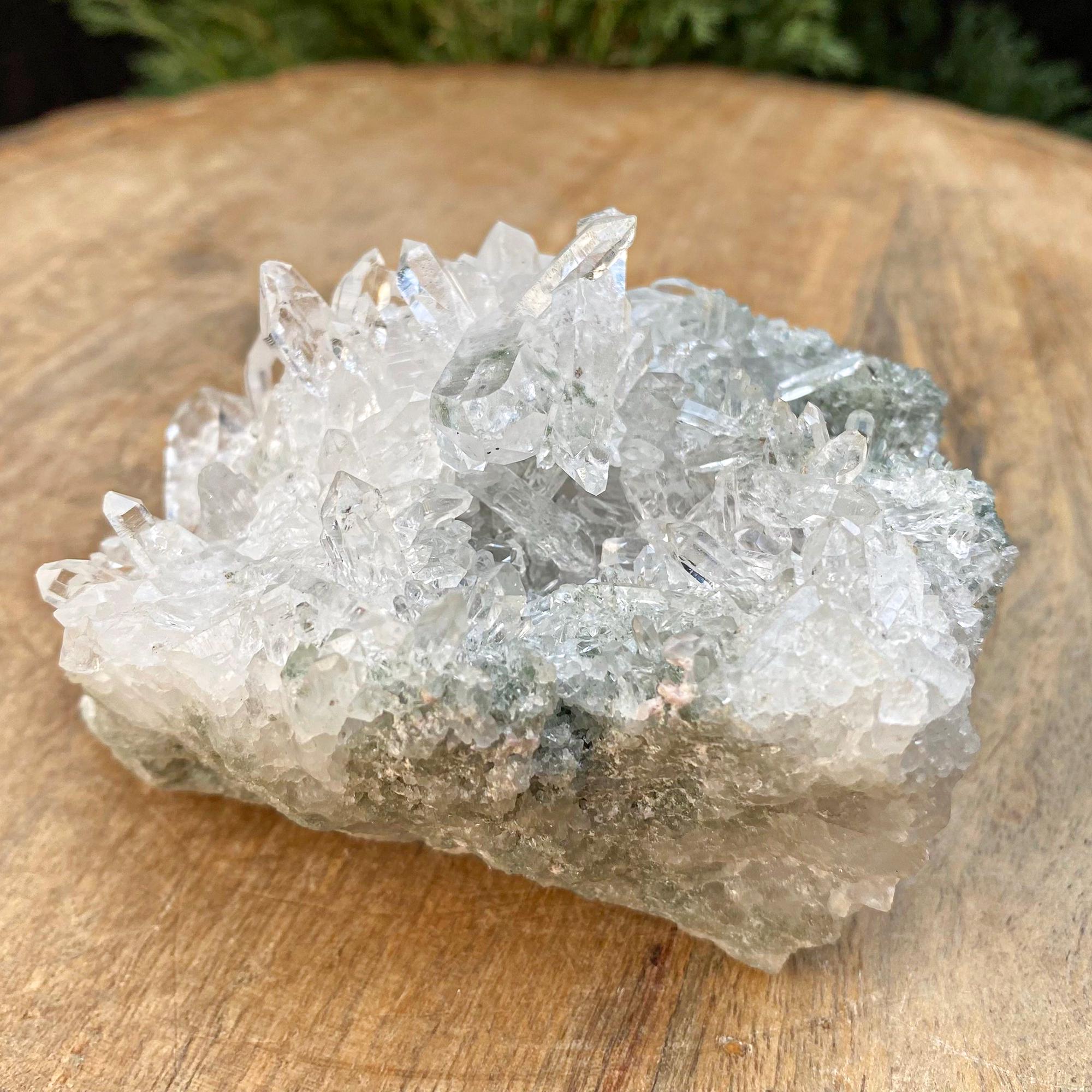 Green Chlorite Quartz Crystal Cluster: Raw Himalayan Healing Mineral, 335gm