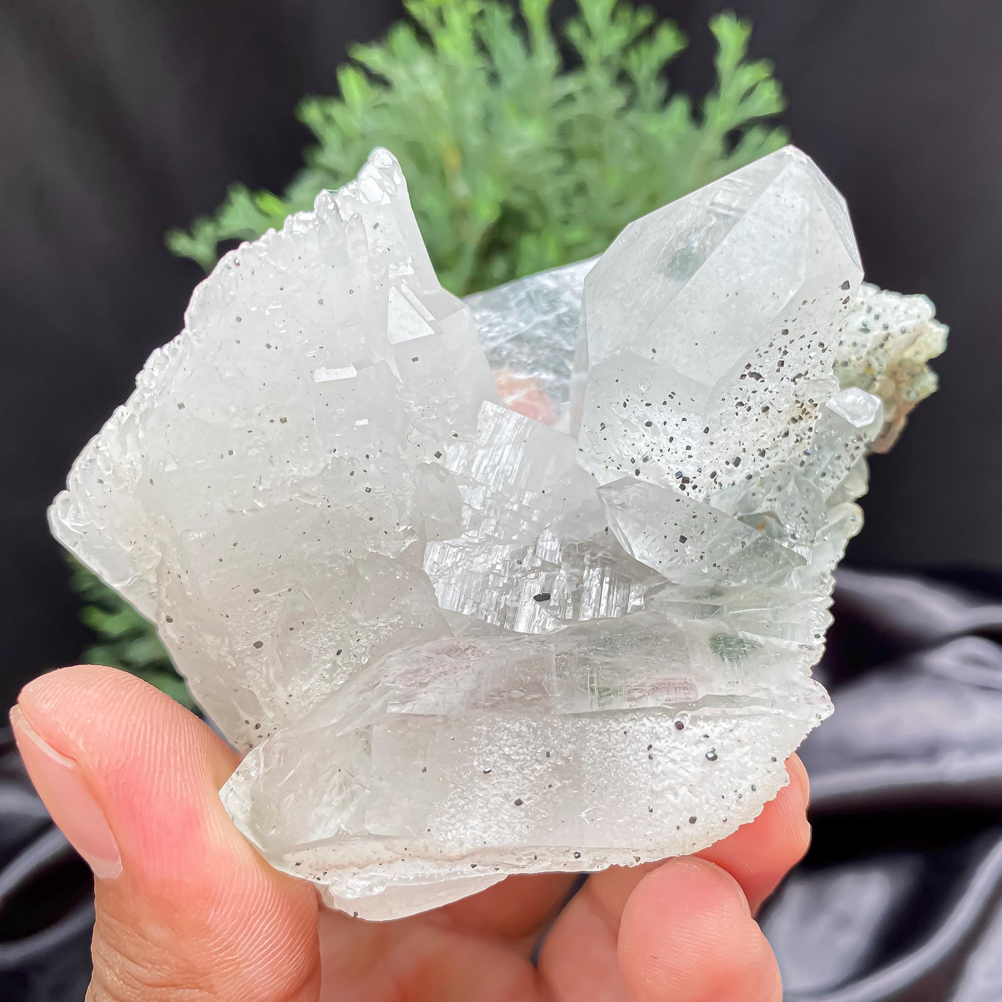 Raw Clear Quartz with Black Anatase & Green Chlorite  275gm Natural Himalayan Crystal, Mineral Rough