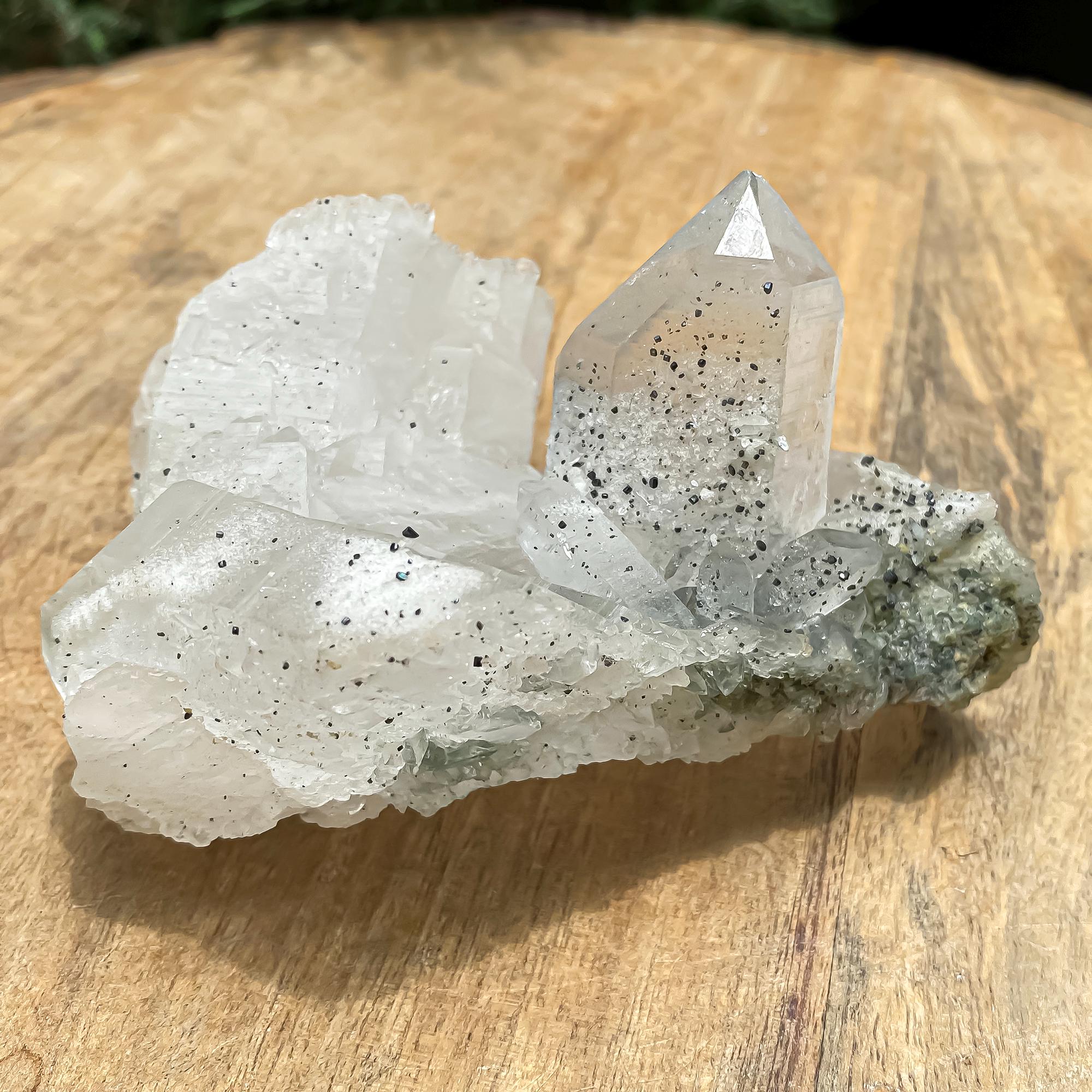 Raw Clear Quartz with Black Anatase & Green Chlorite  275gm Natural Himalayan Crystal, Mineral Rough
