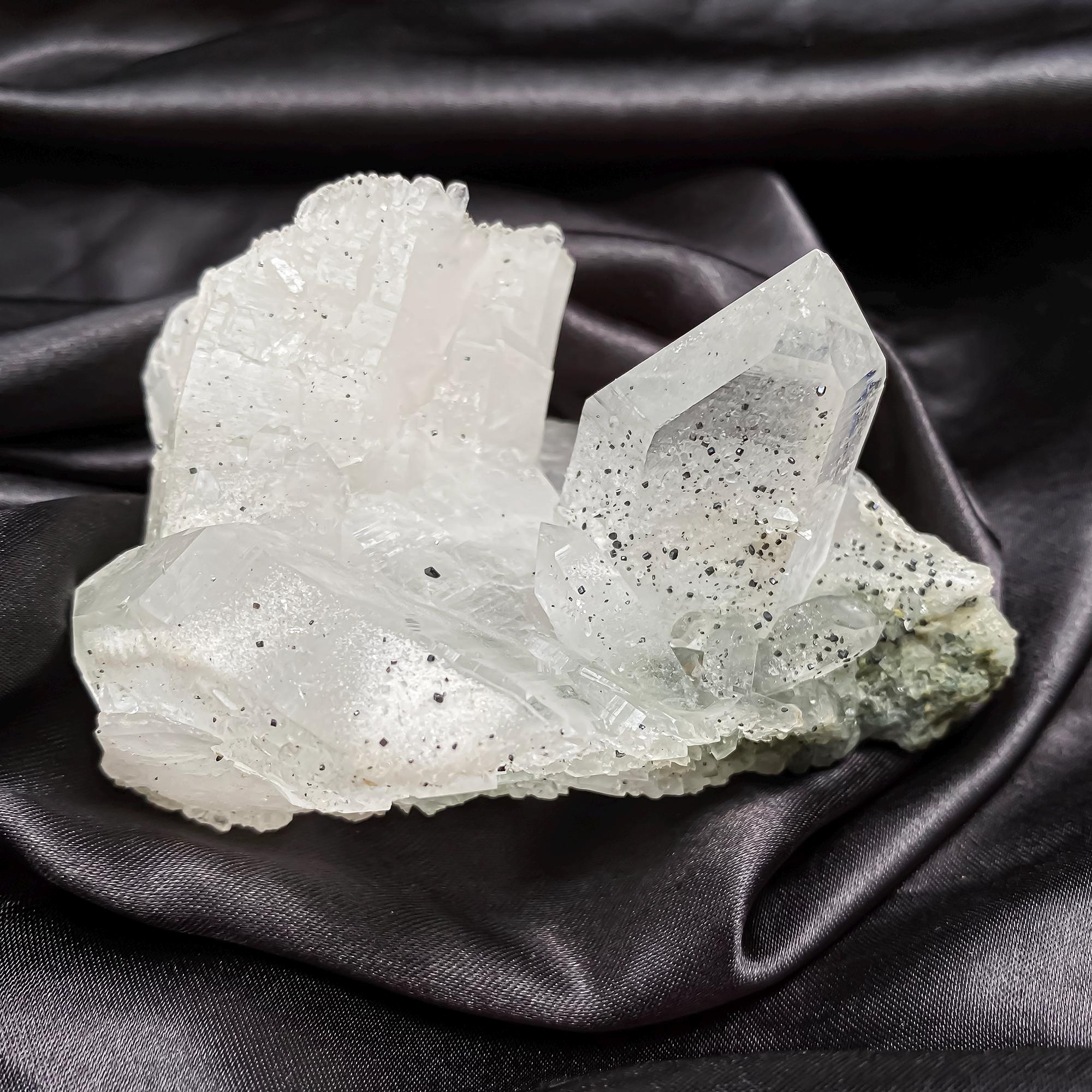 Raw Clear Quartz with Black Anatase & Green Chlorite  275gm Natural Himalayan Crystal, Mineral Rough