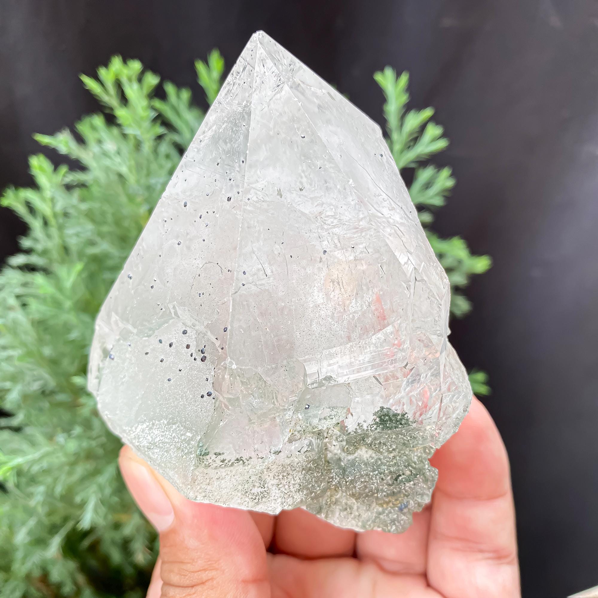 Himalayan Green Chlorite Quartz Point: Black Anatase Crystal, Meditation Stone 345gm