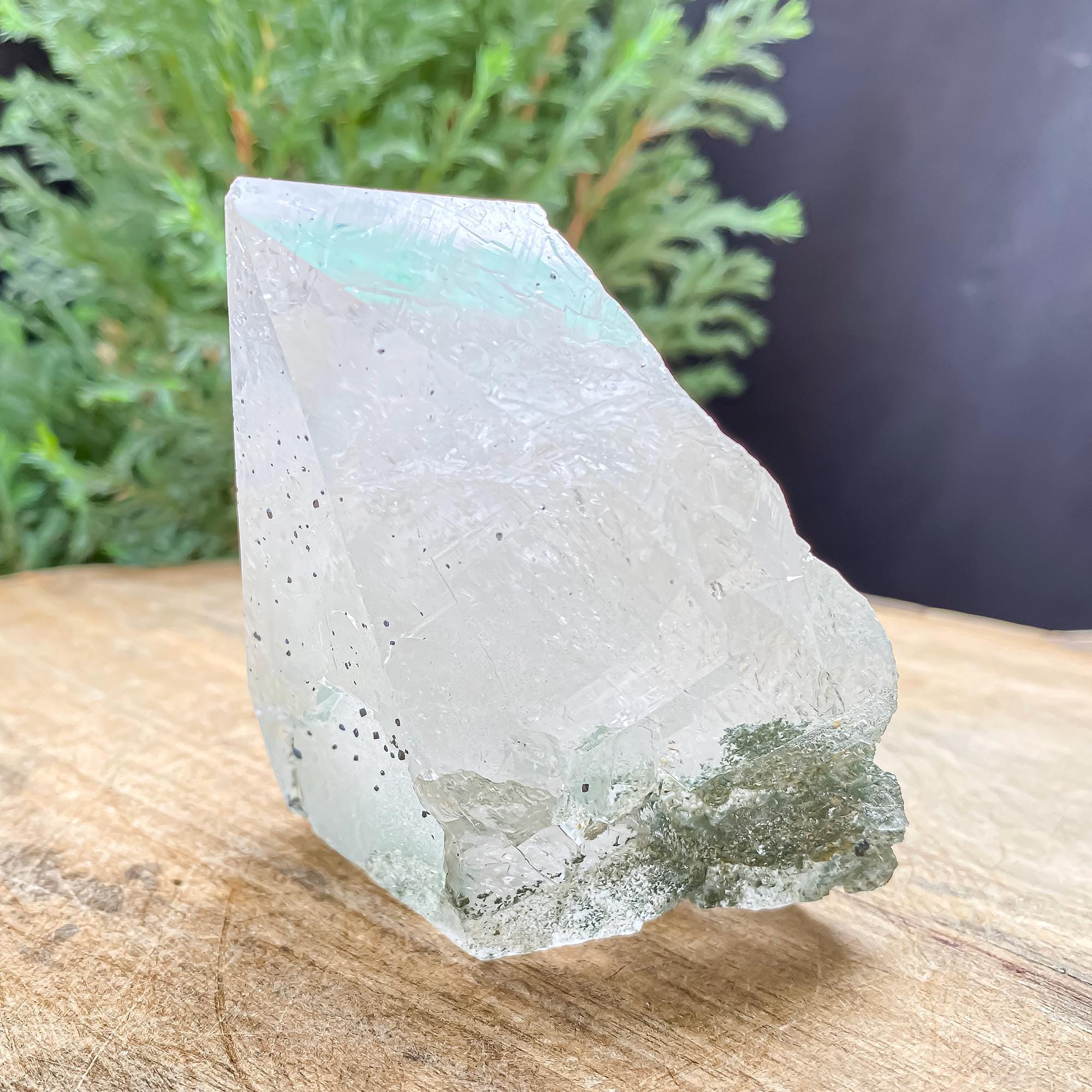 Himalayan Green Chlorite Quartz Point: Black Anatase Crystal, Meditation Stone 345gm