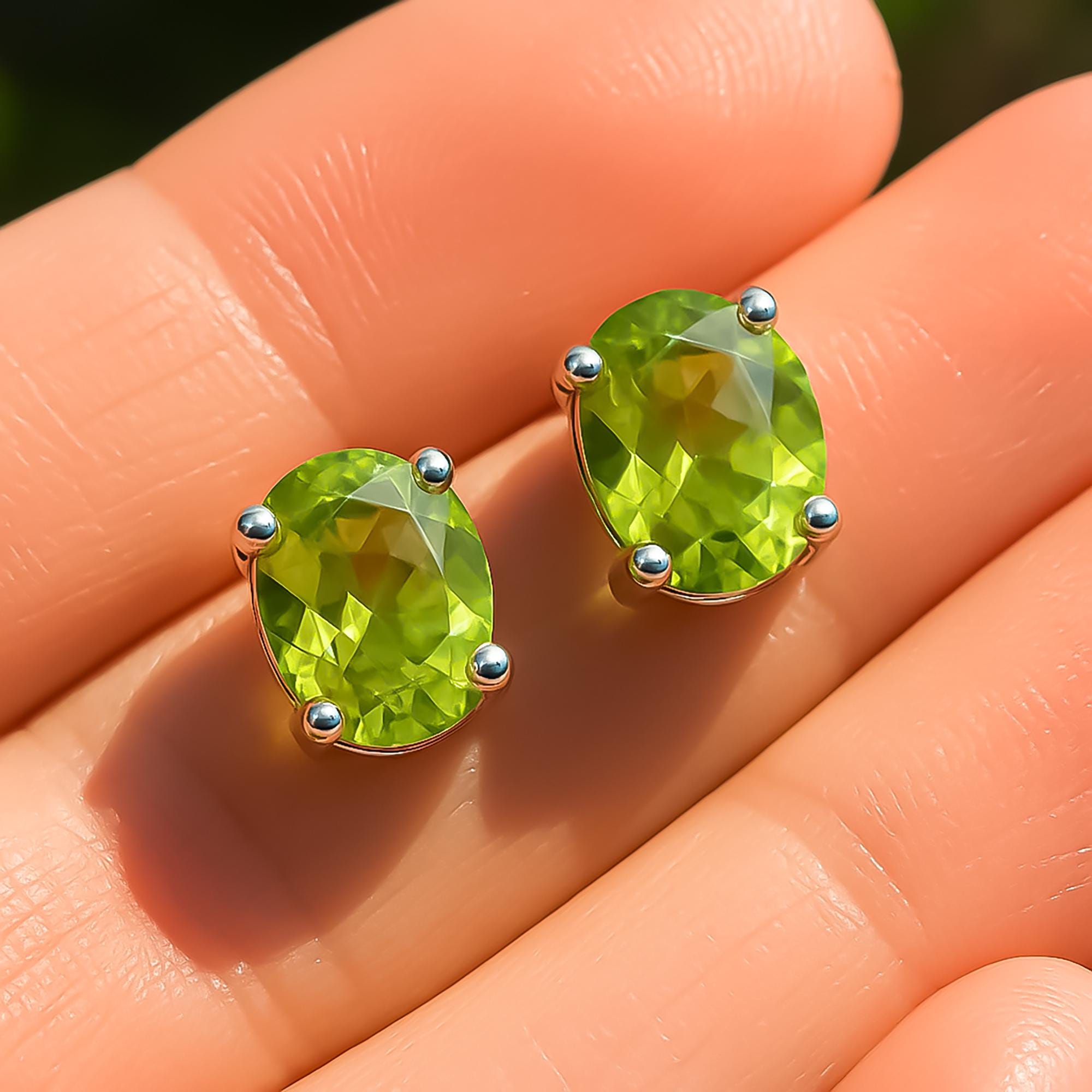 Peridot Sterling Silver Stud Earrings: August Birthstone, Dainty Oval Cut