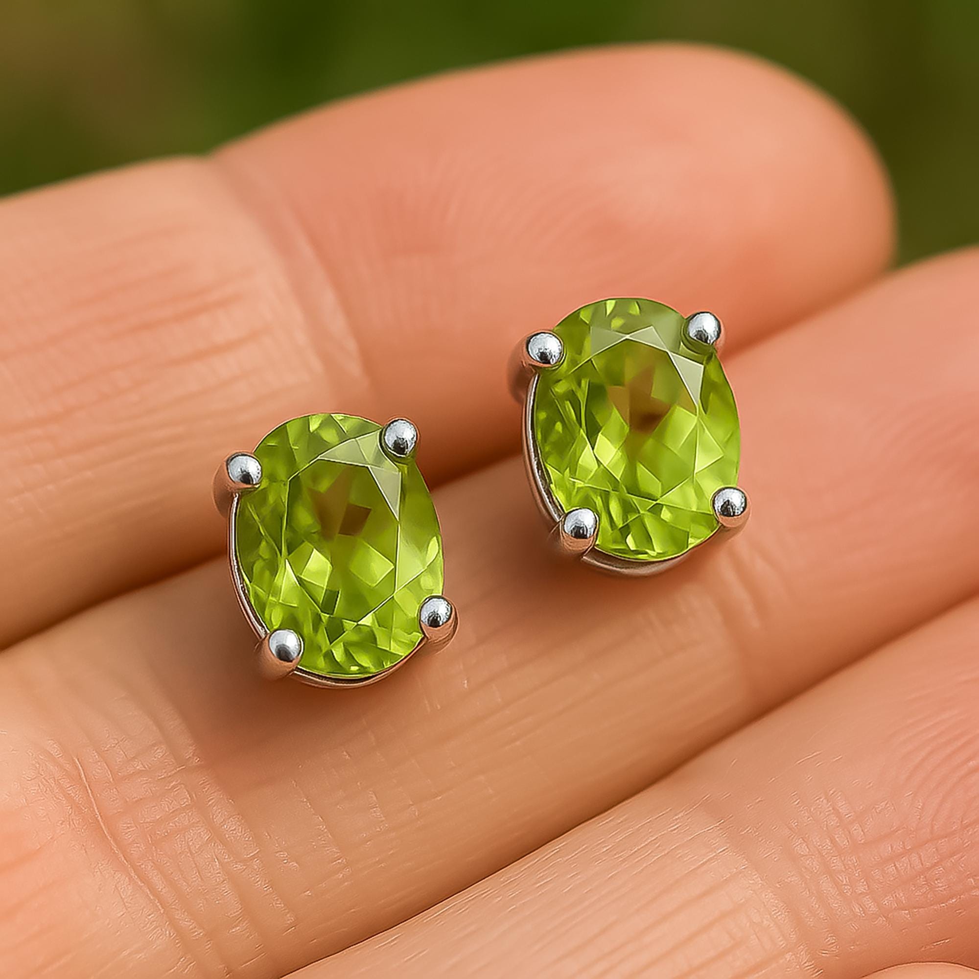 Peridot Sterling Silver Stud Earrings: August Birthstone, Dainty Oval Cut
