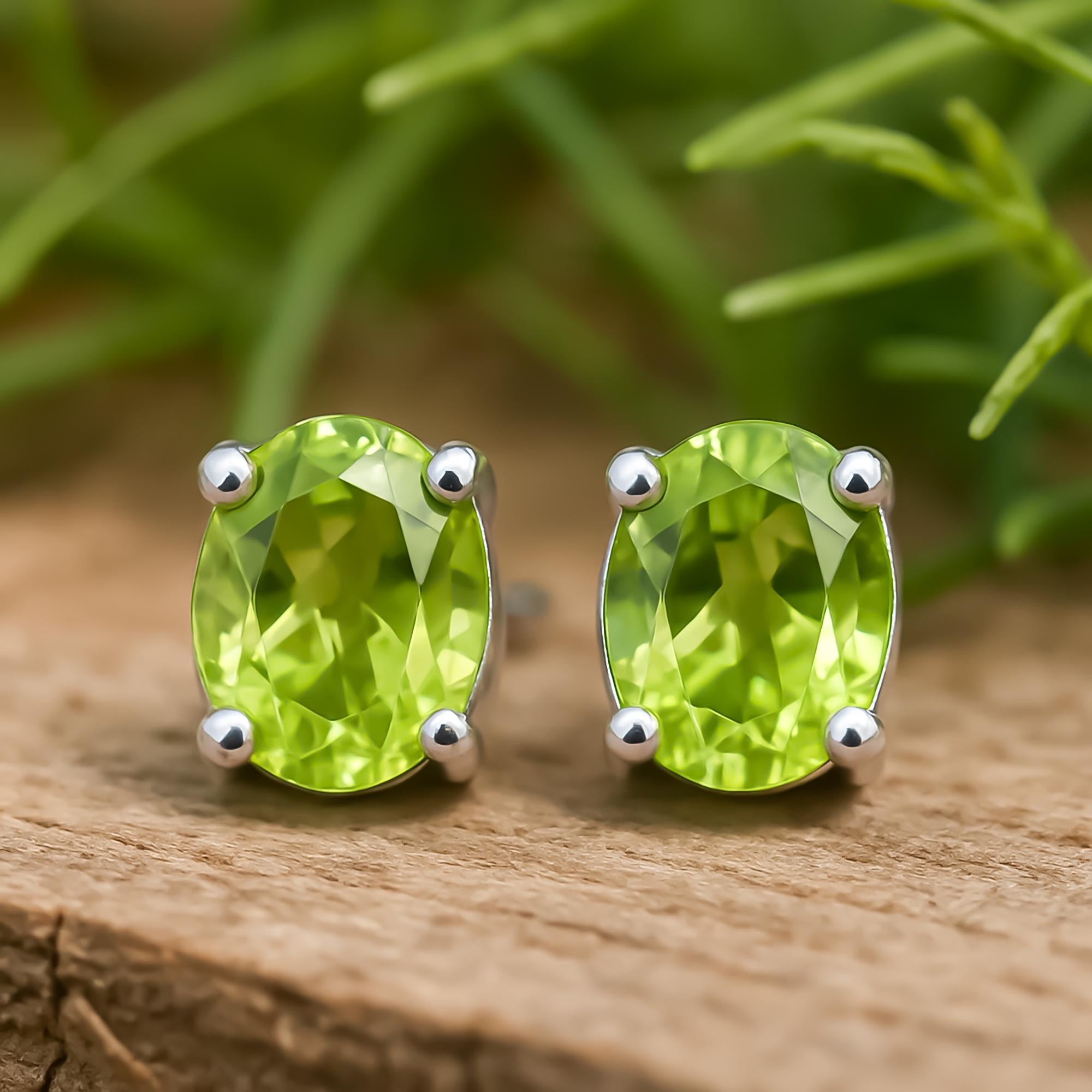 Peridot Sterling Silver Stud Earrings: August Birthstone, Dainty Oval Cut