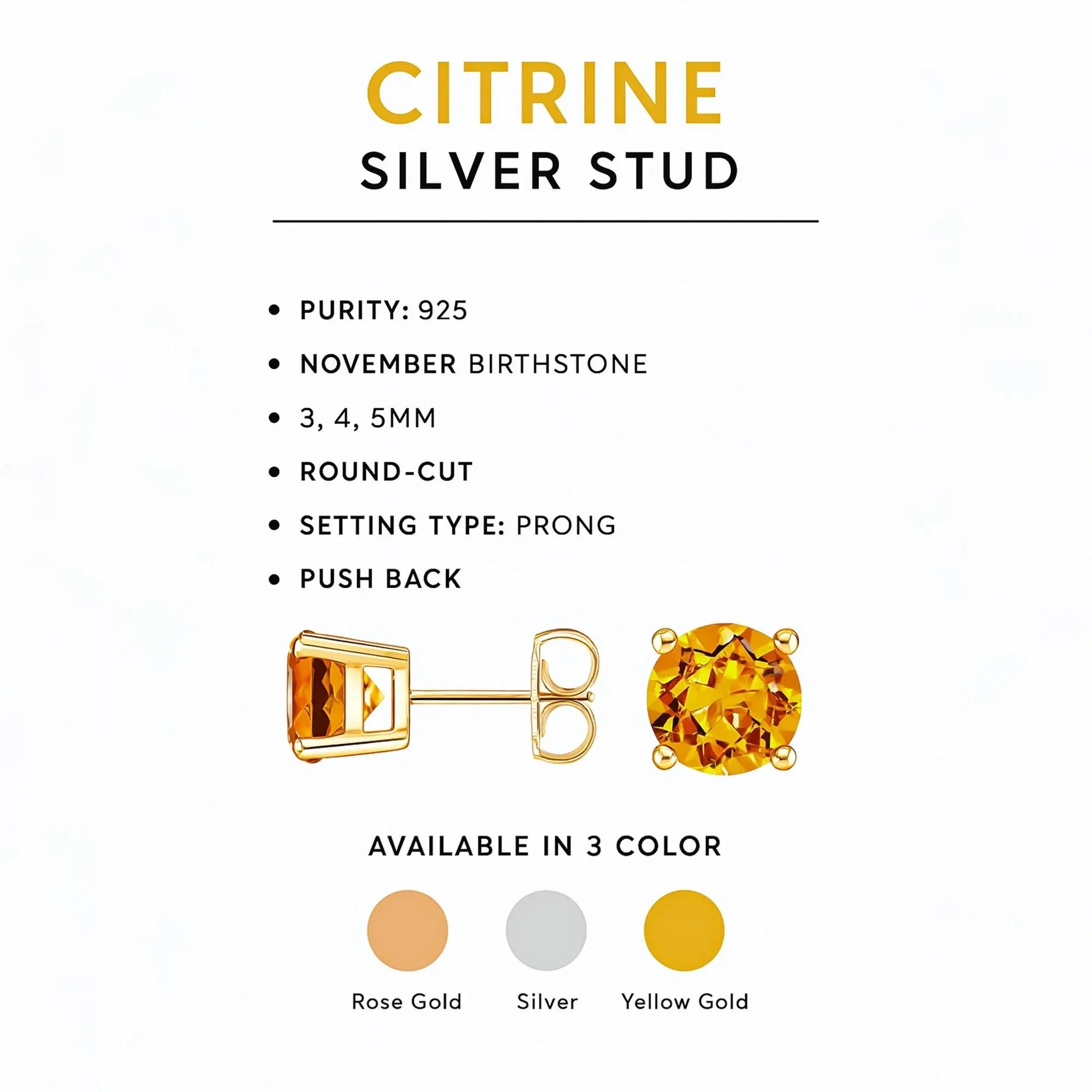 Citrine Stud Earrings: 925 Sterling Silver November Birthstone - Himalya Quartz
