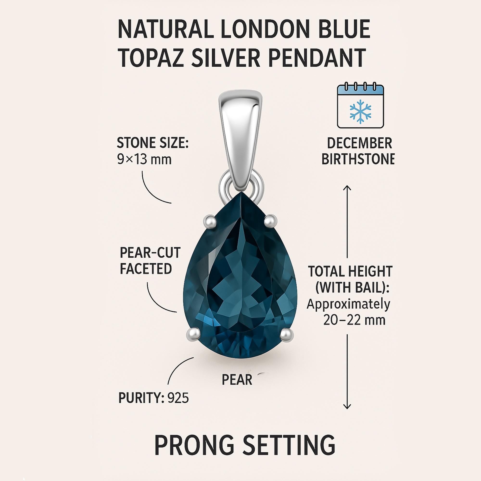 Pear-Cut London Blue Topaz Pendant: 925 Sterling Silver December Birthstone