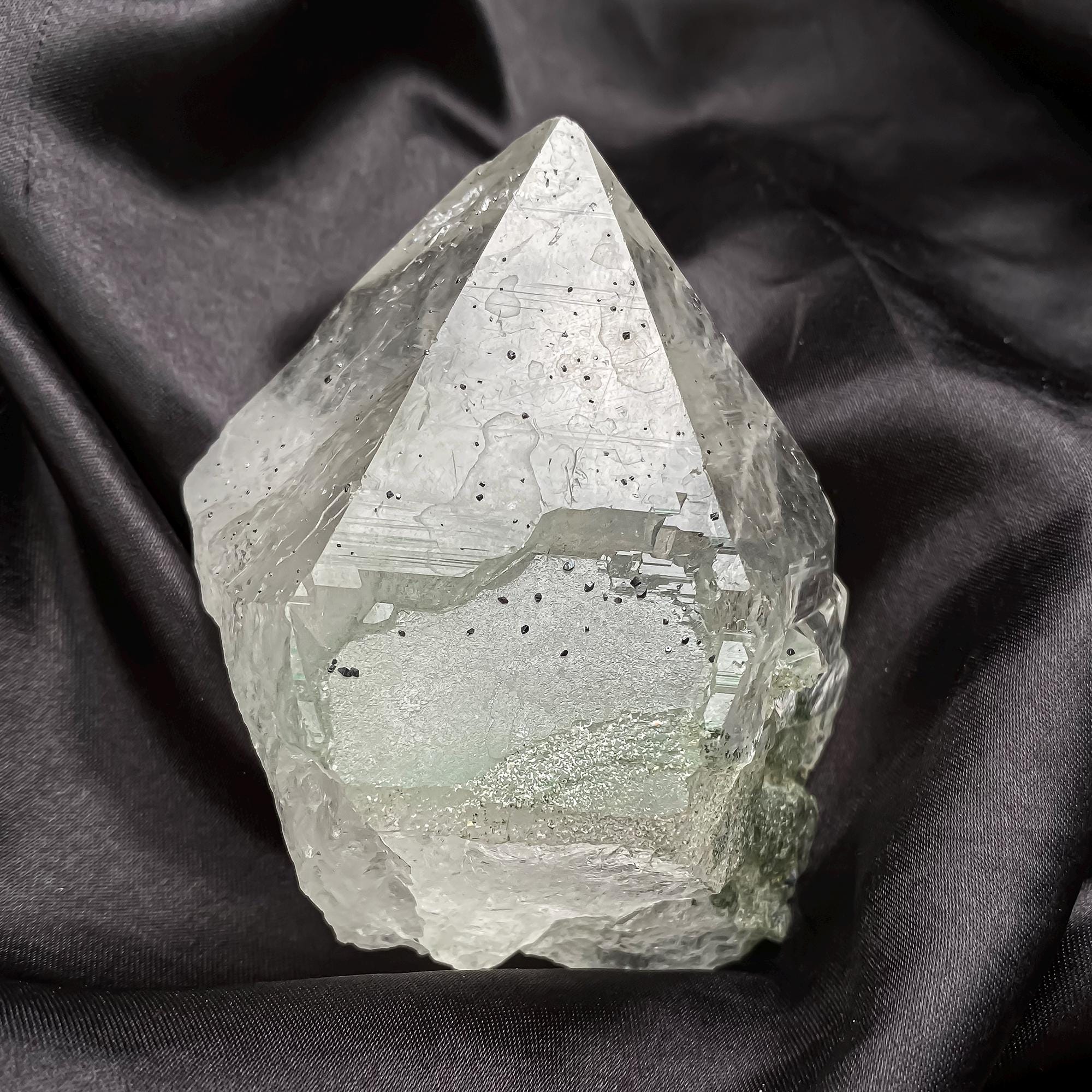 Himalayan Green Chlorite Quartz Point: Black Anatase Crystal, Meditation Stone 345gm