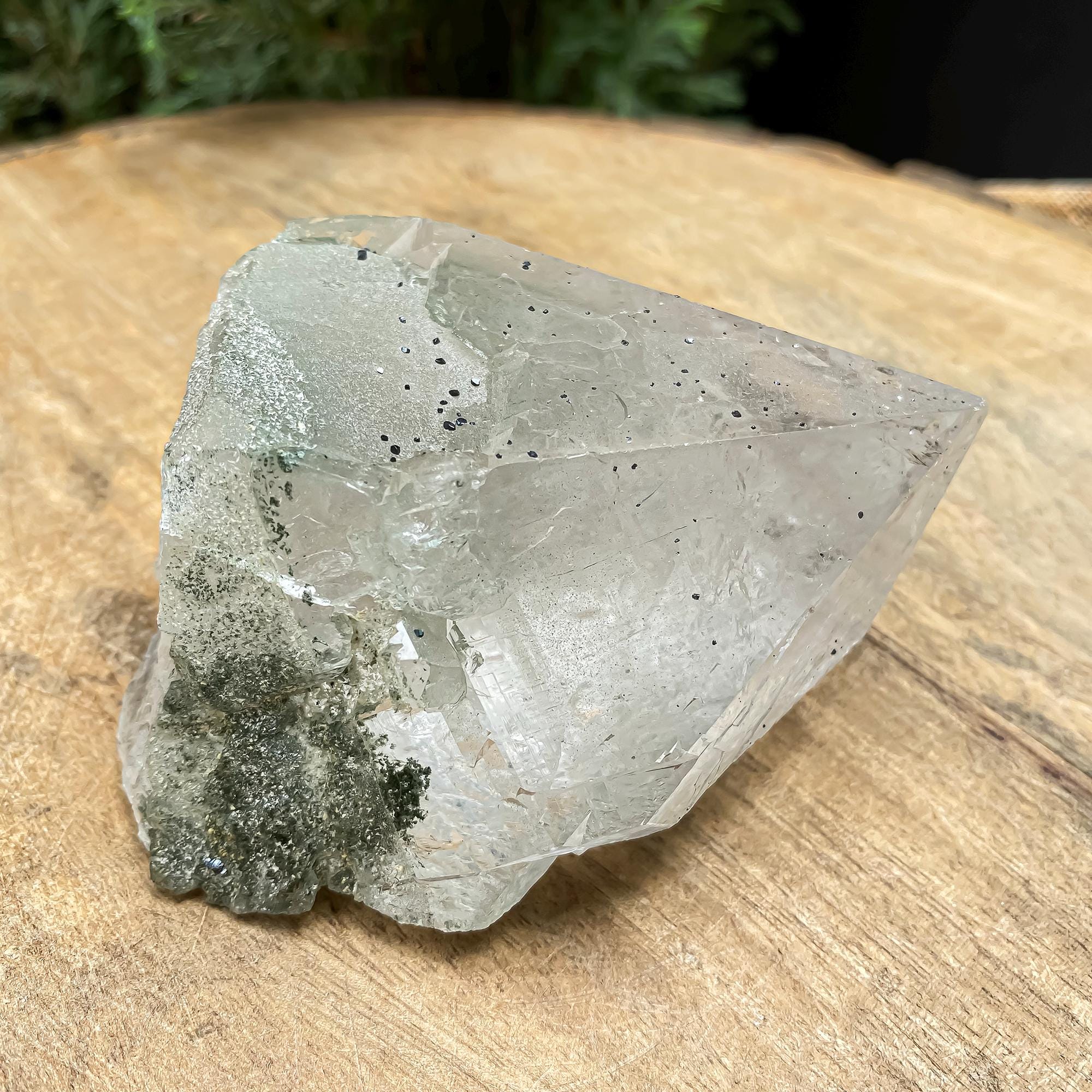 Himalayan Green Chlorite Quartz Point: Black Anatase Crystal, Meditation Stone 345gm