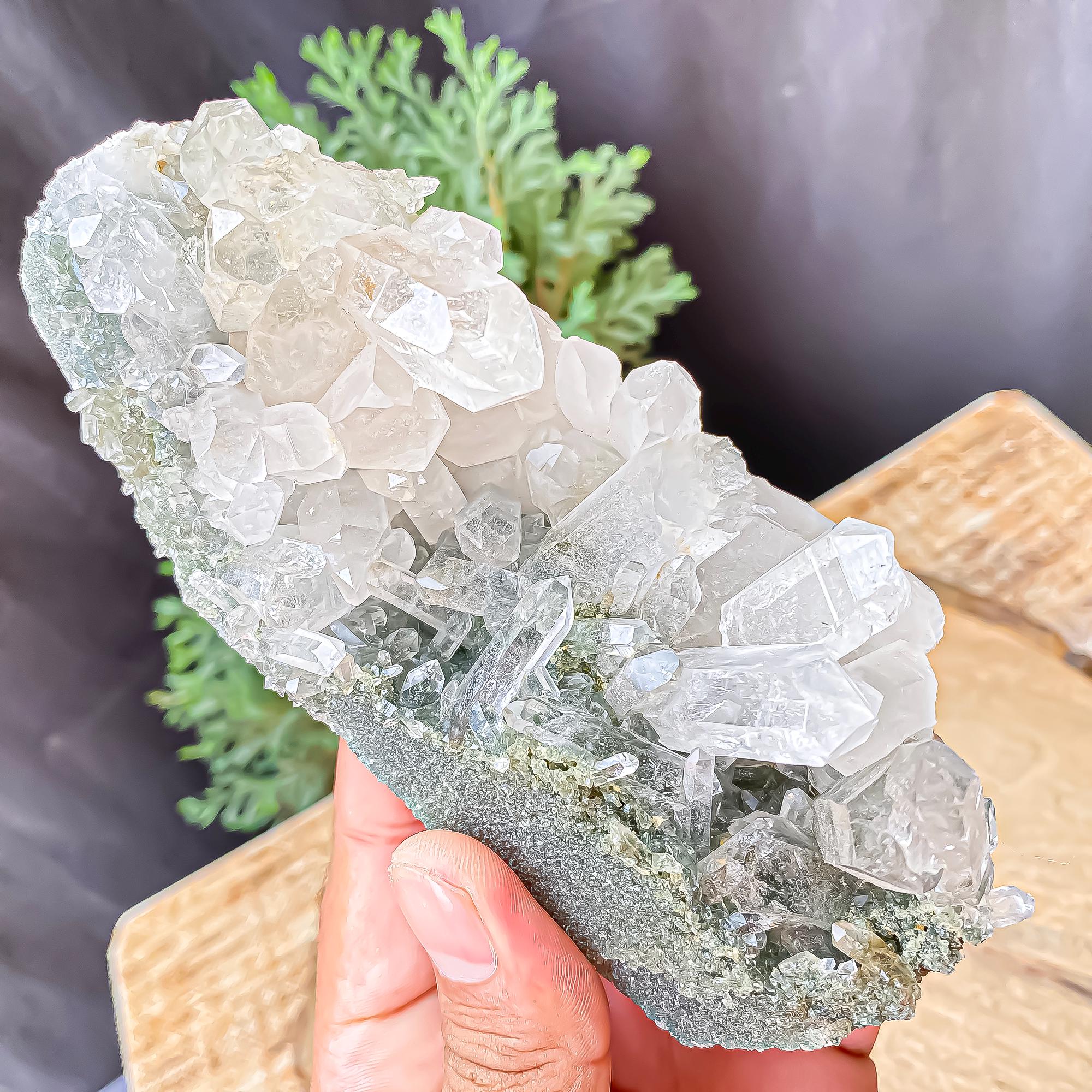 Himalayan Green Chlorite Quartz Cluster: Natural Healing Crystal, Feng Shui Decor 425gm