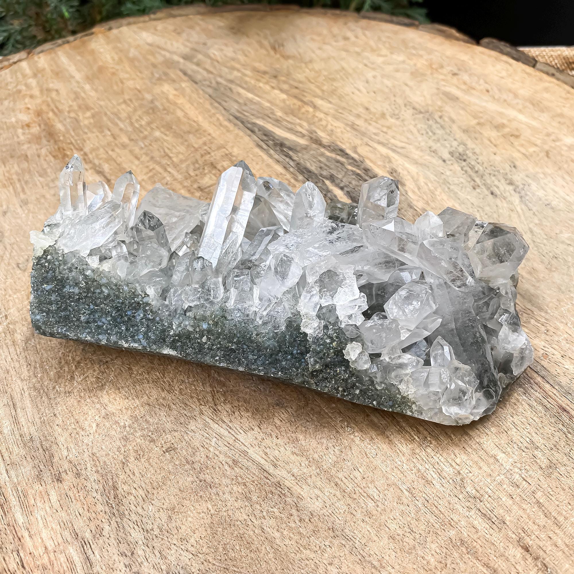 Himalayan Green Chlorite Quartz Cluster: Raw Crystal Point, Meditation Stone 300gm