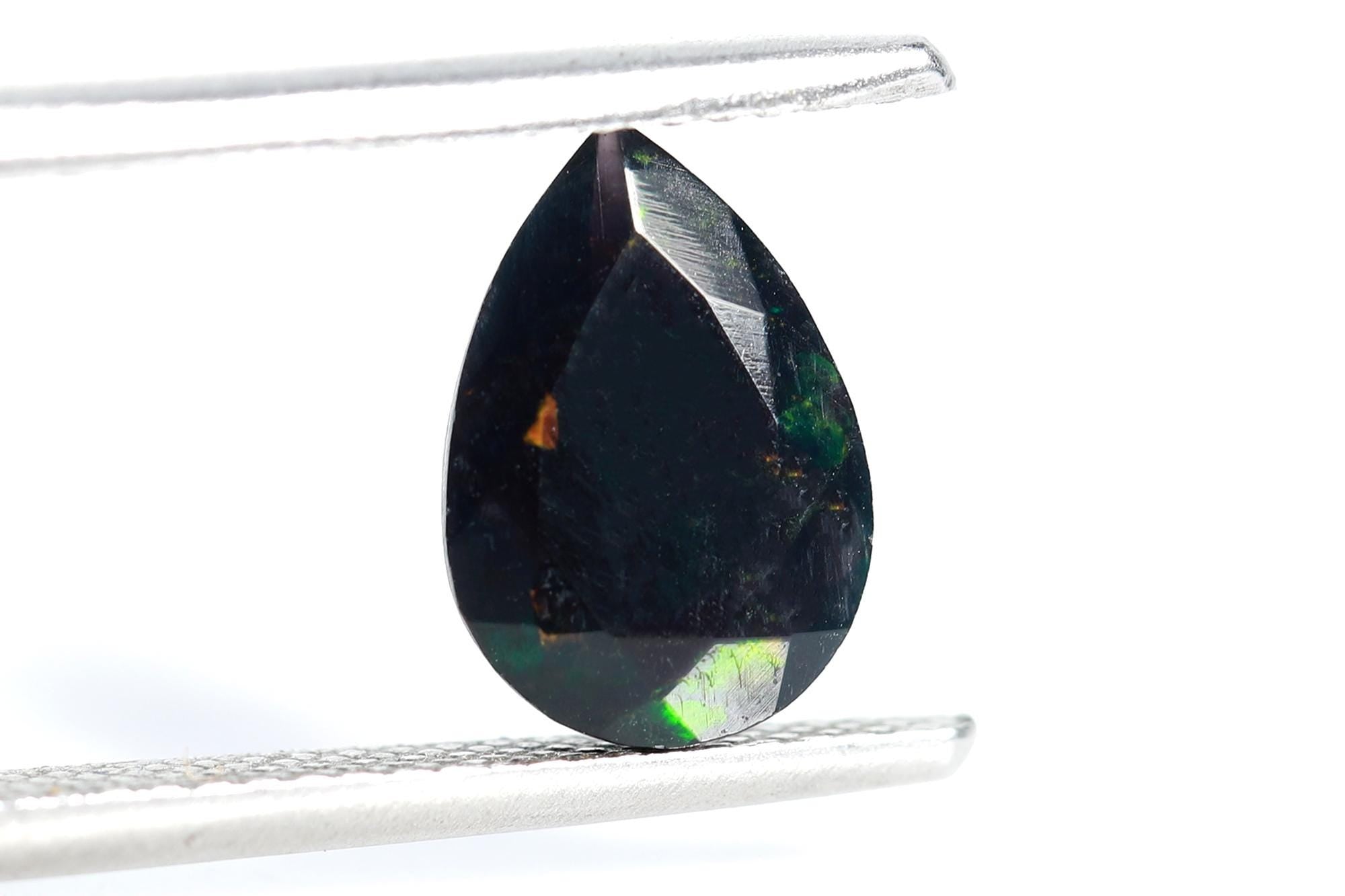 Ethiopian Black Opal Stone: 7x11mm Pear Cabochon, Multi-Fire Gemstone