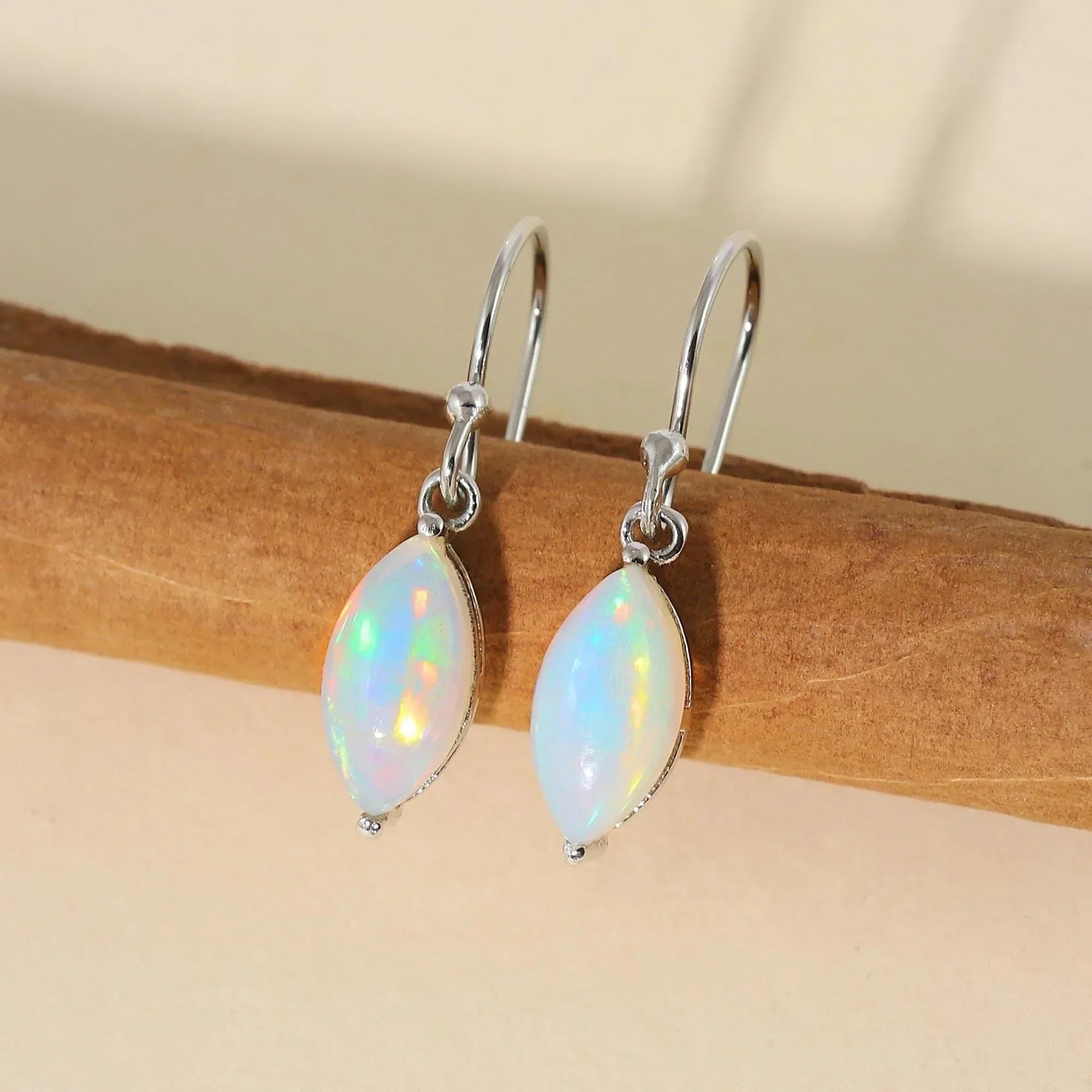 Ethiopian Opal Sterling Silver Earrings: Welo Fire Opal Art Deco Marquise Cabochon