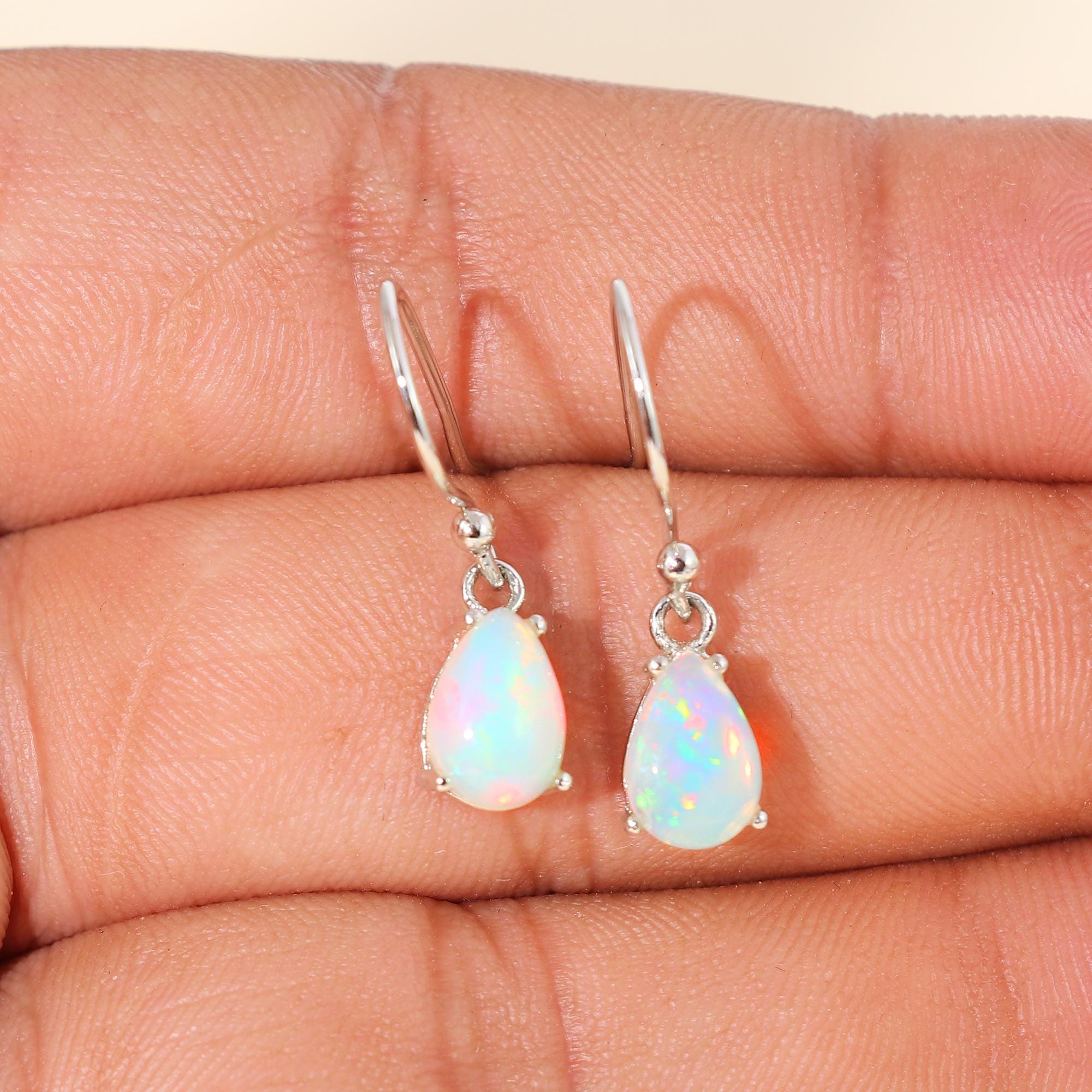 White Ethiopian Opal Drop Earrings: 925 Sterling Silver Boho Jewelry, 6*9mm Opal