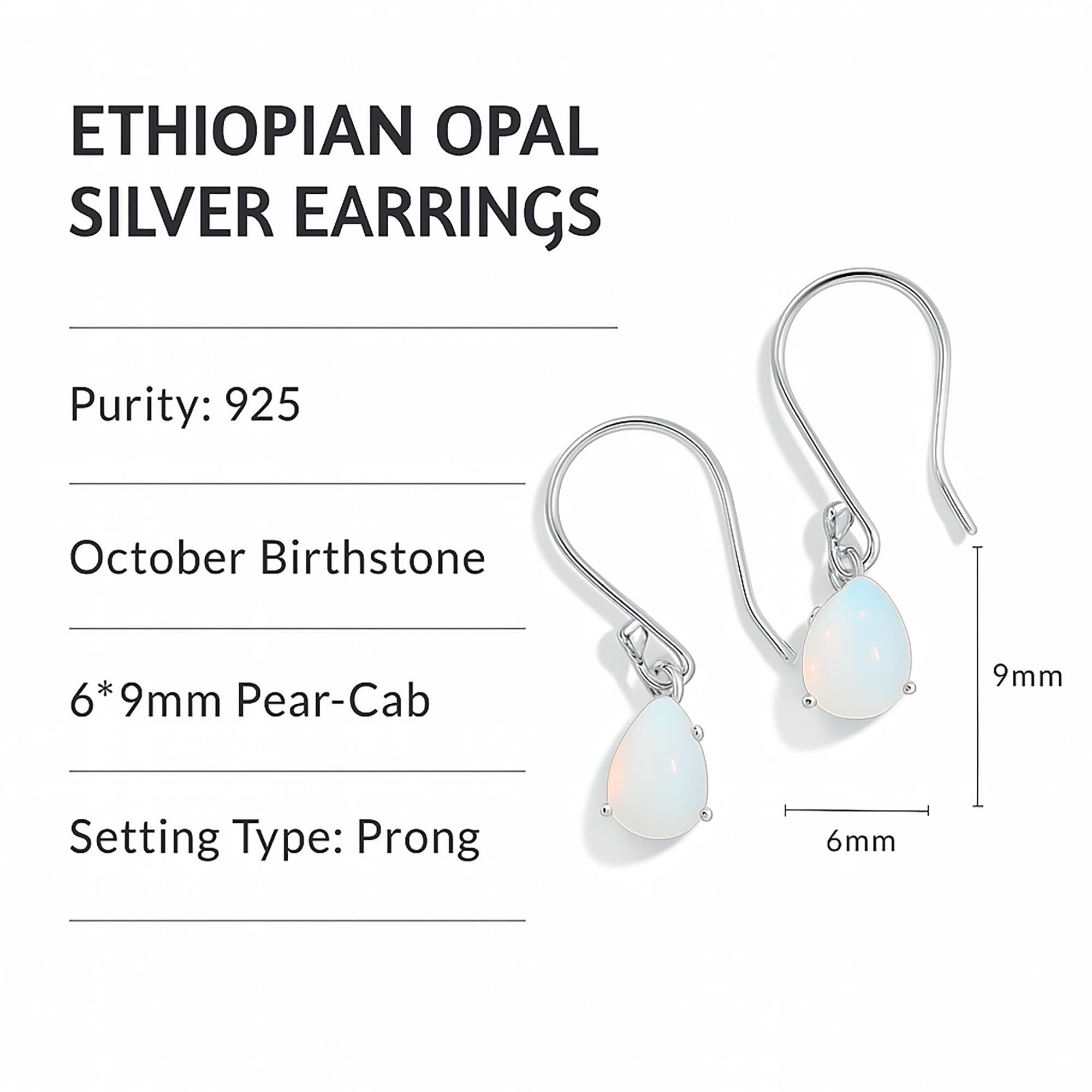 White Ethiopian Opal Drop Earrings: 925 Sterling Silver Boho Jewelry, 6*9mm Opal