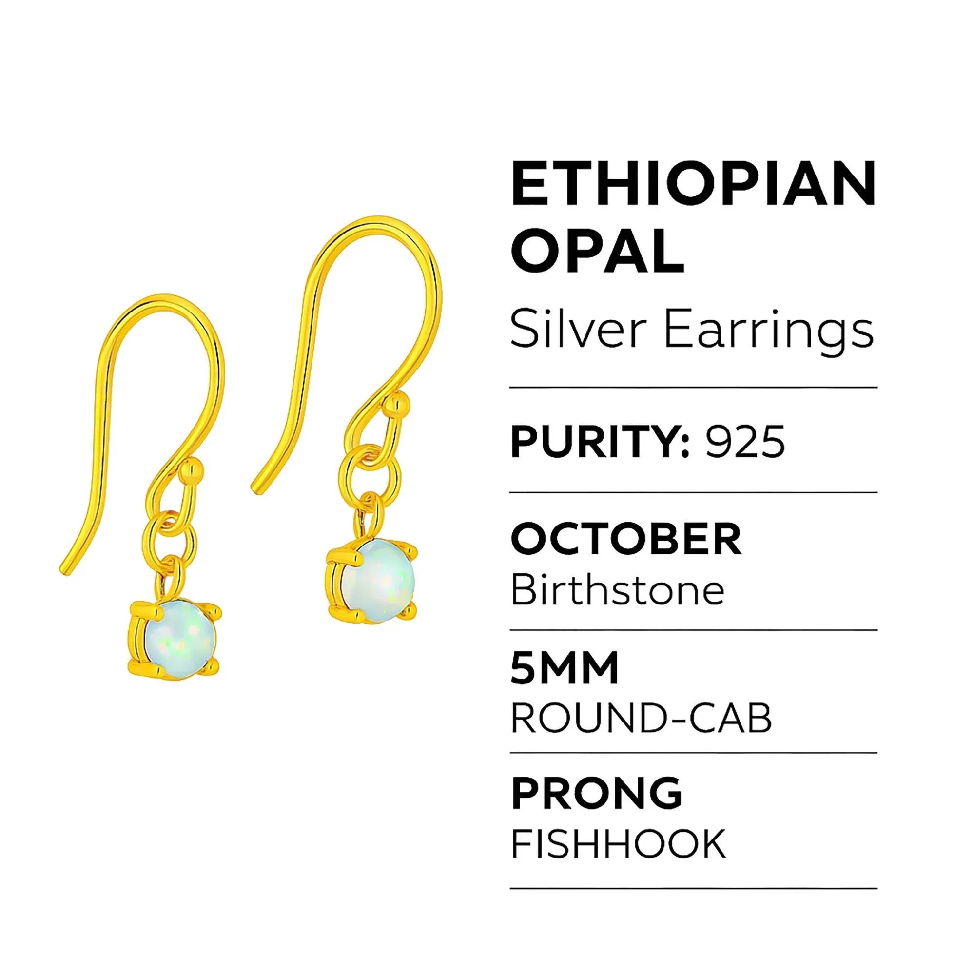 Ethiopian Opal Earrings: 925 Sterling Silver, Yellow Gold Plated 5mm