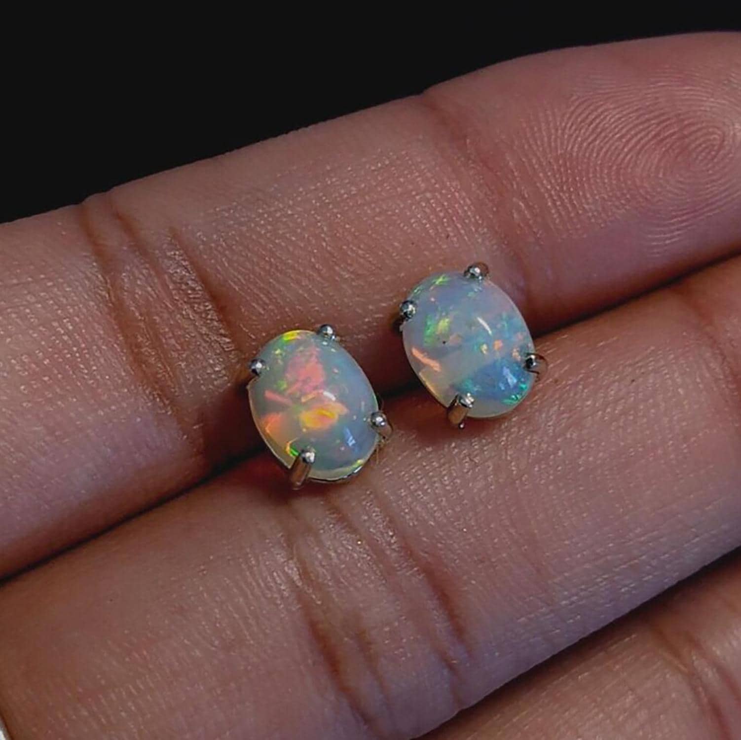 Ethiopian Opal Stud Earrings: 925 Sterling Silver, Handmade Jewelry