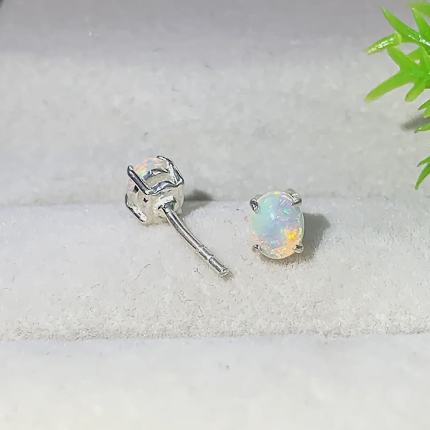 Ethiopian Opal Stud Earrings: Sterling Silver Cabochon, October Birthstone