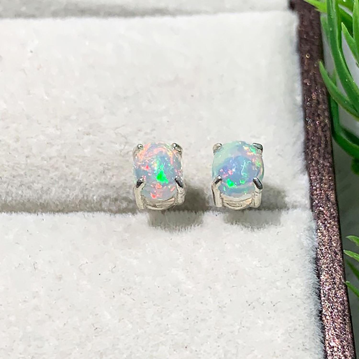 Ethiopian Opal Stud Earrings: Sterling Silver Cabochon, October Birthstone