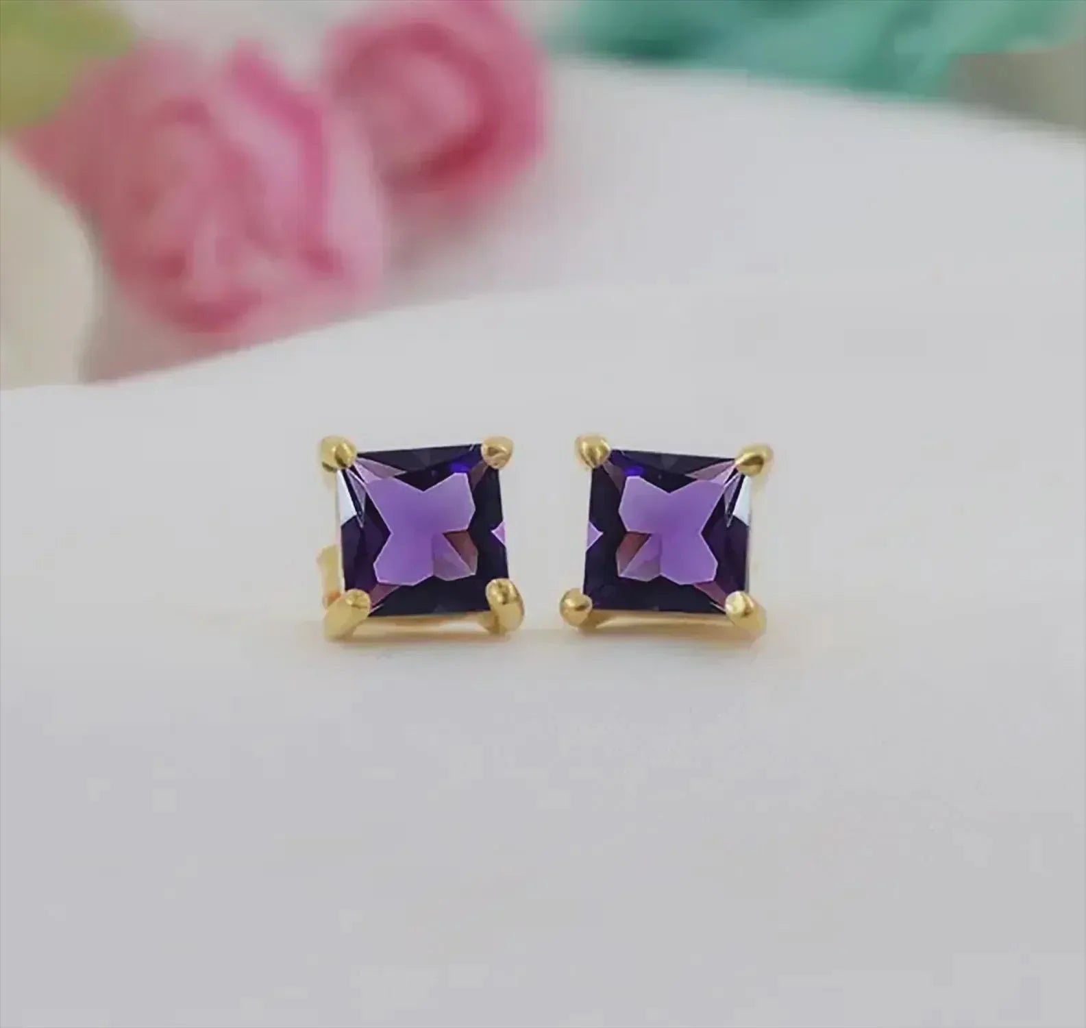 Amethyst Stud Earrings: Square Sterling Silver, February Birthstone