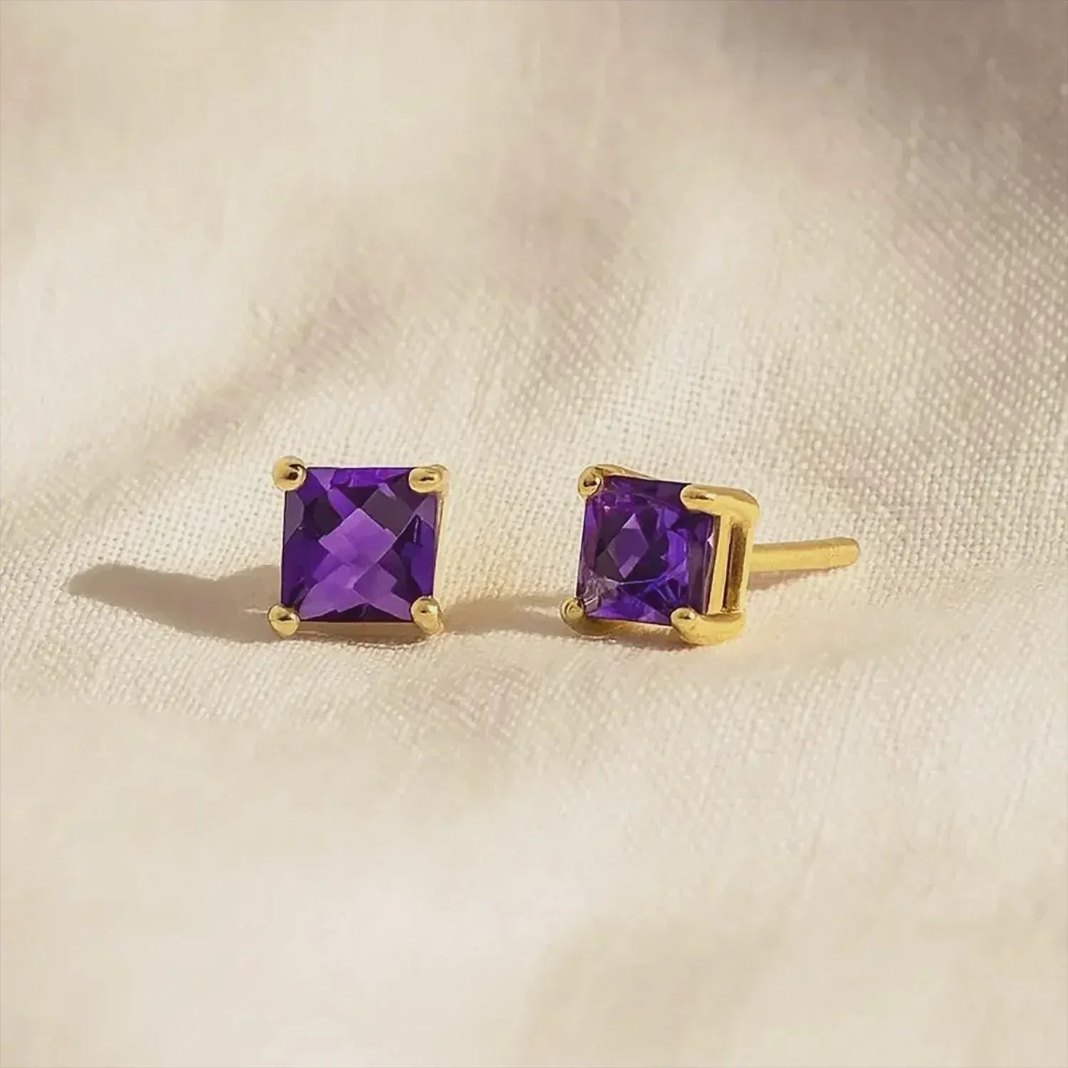 Amethyst Stud Earrings: Square Sterling Silver, February Birthstone