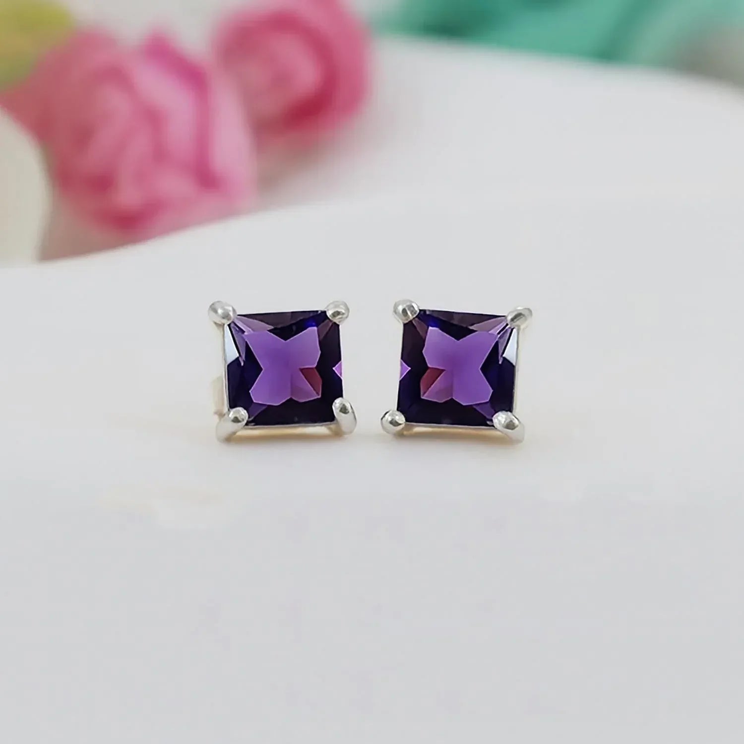 Amethyst Stud Earrings: Square Sterling Silver, February Birthstone