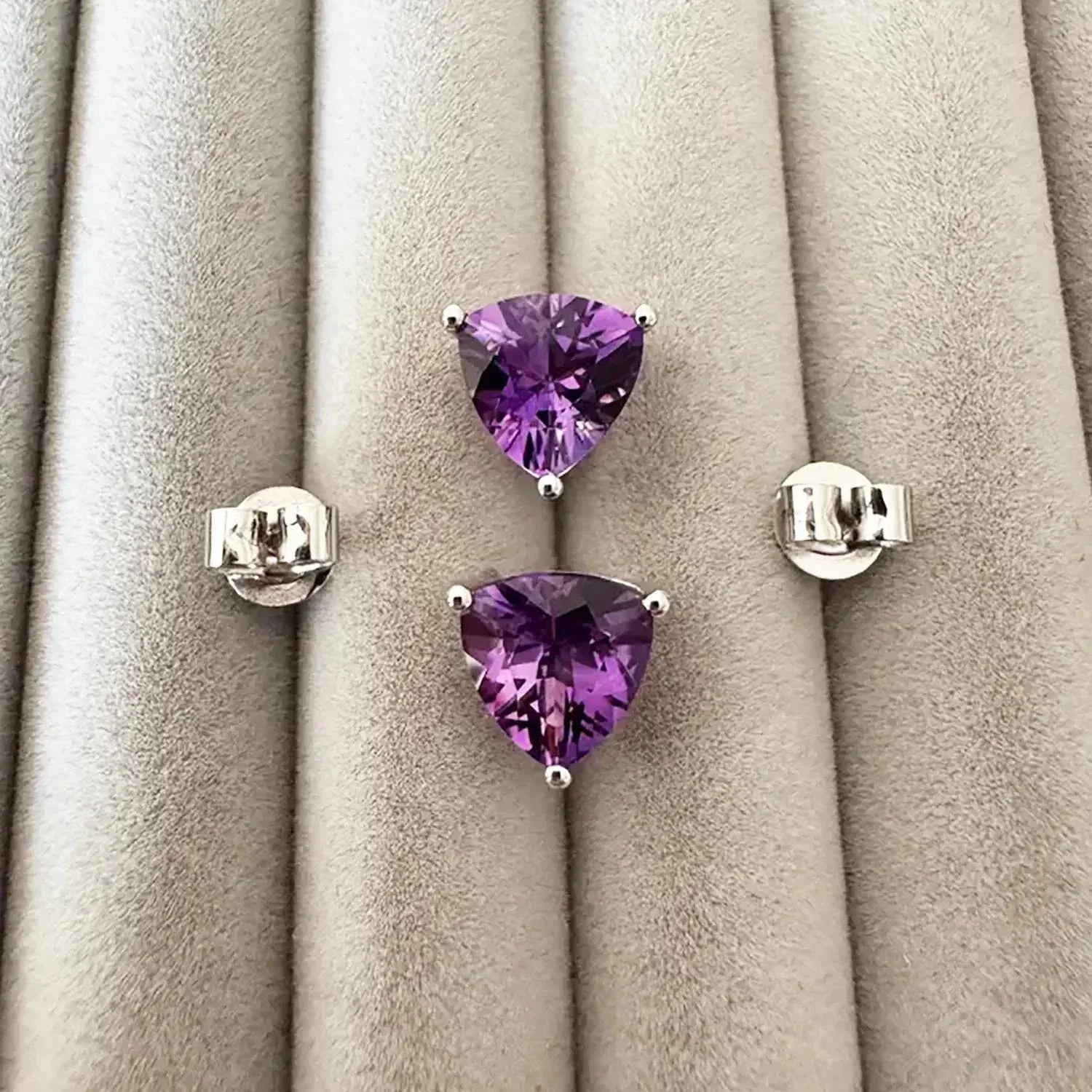 Amethyst Trillion Stud Earrings: 925 Sterling Silver, Minimalist Gemstone
